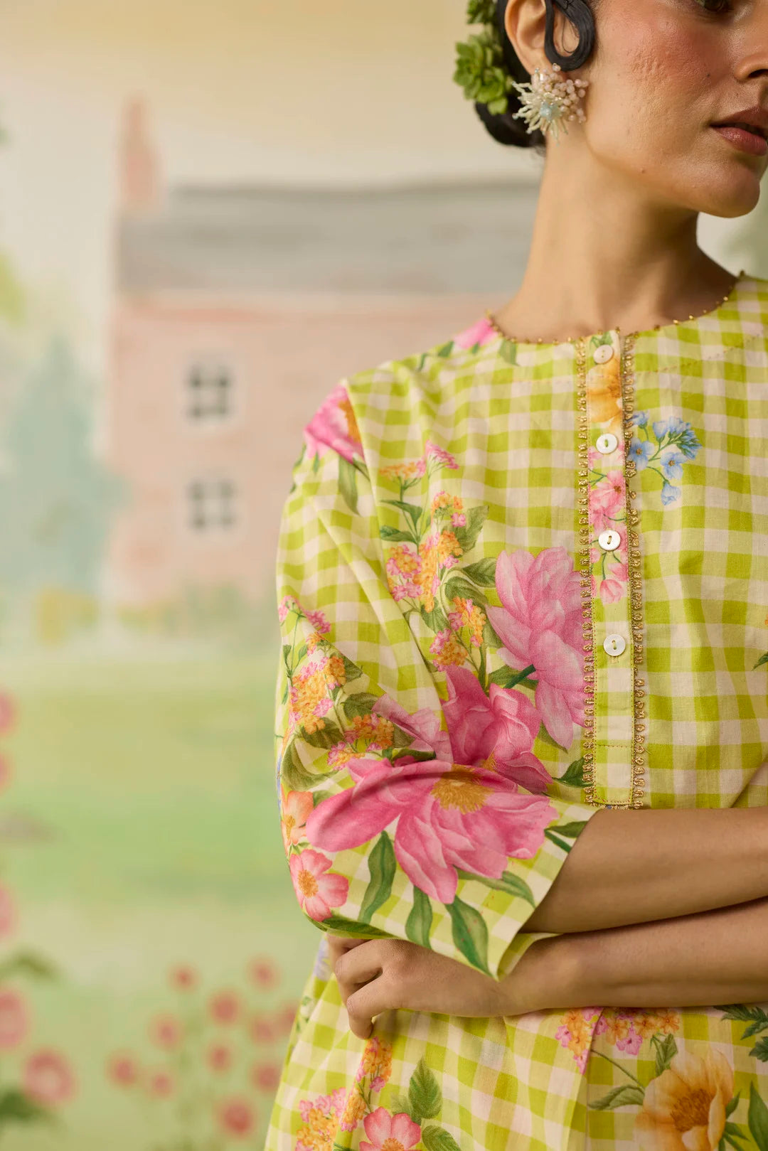 Lime Green Peony Mid Kurta Set