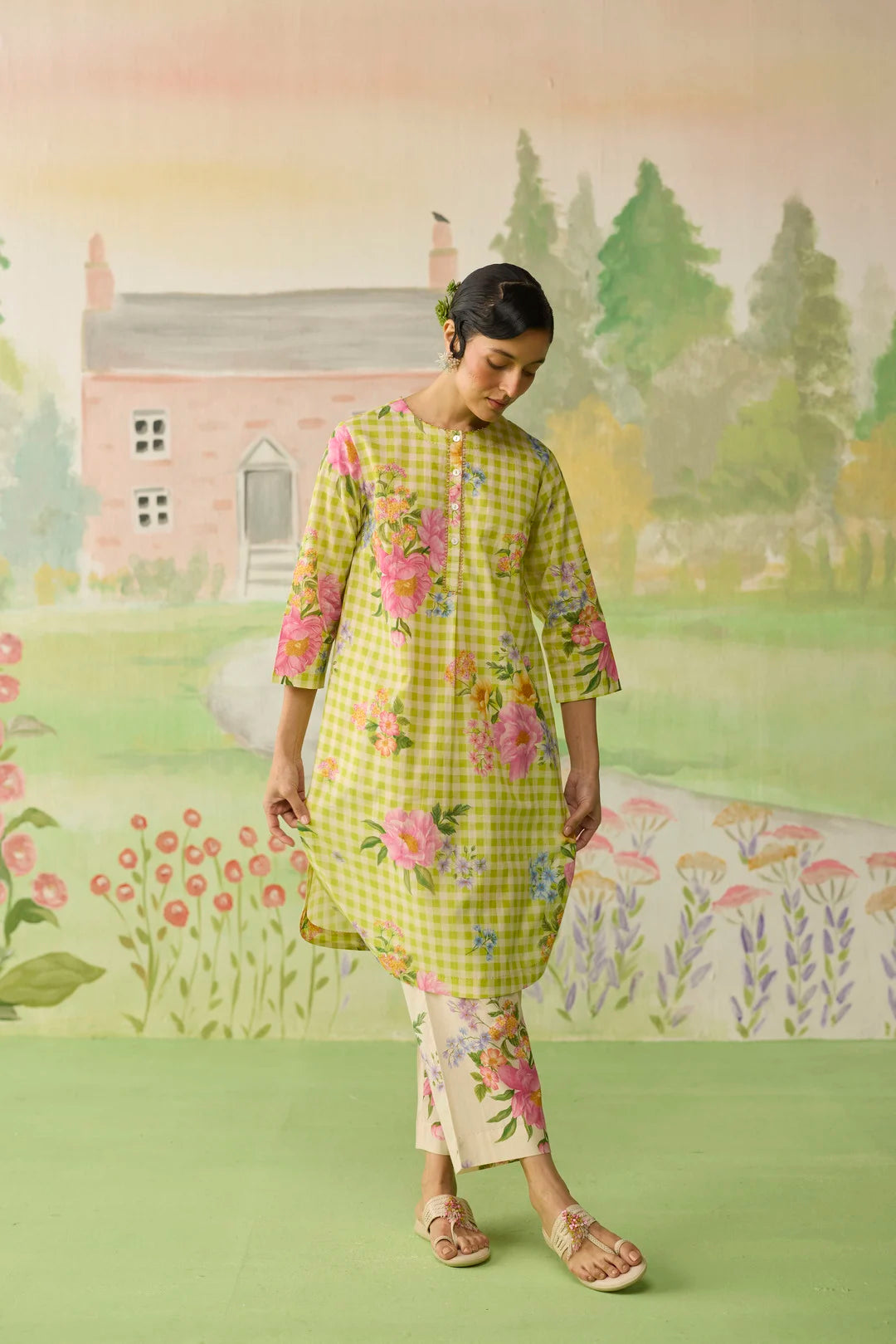 Lime Green Peony Mid Kurta Set