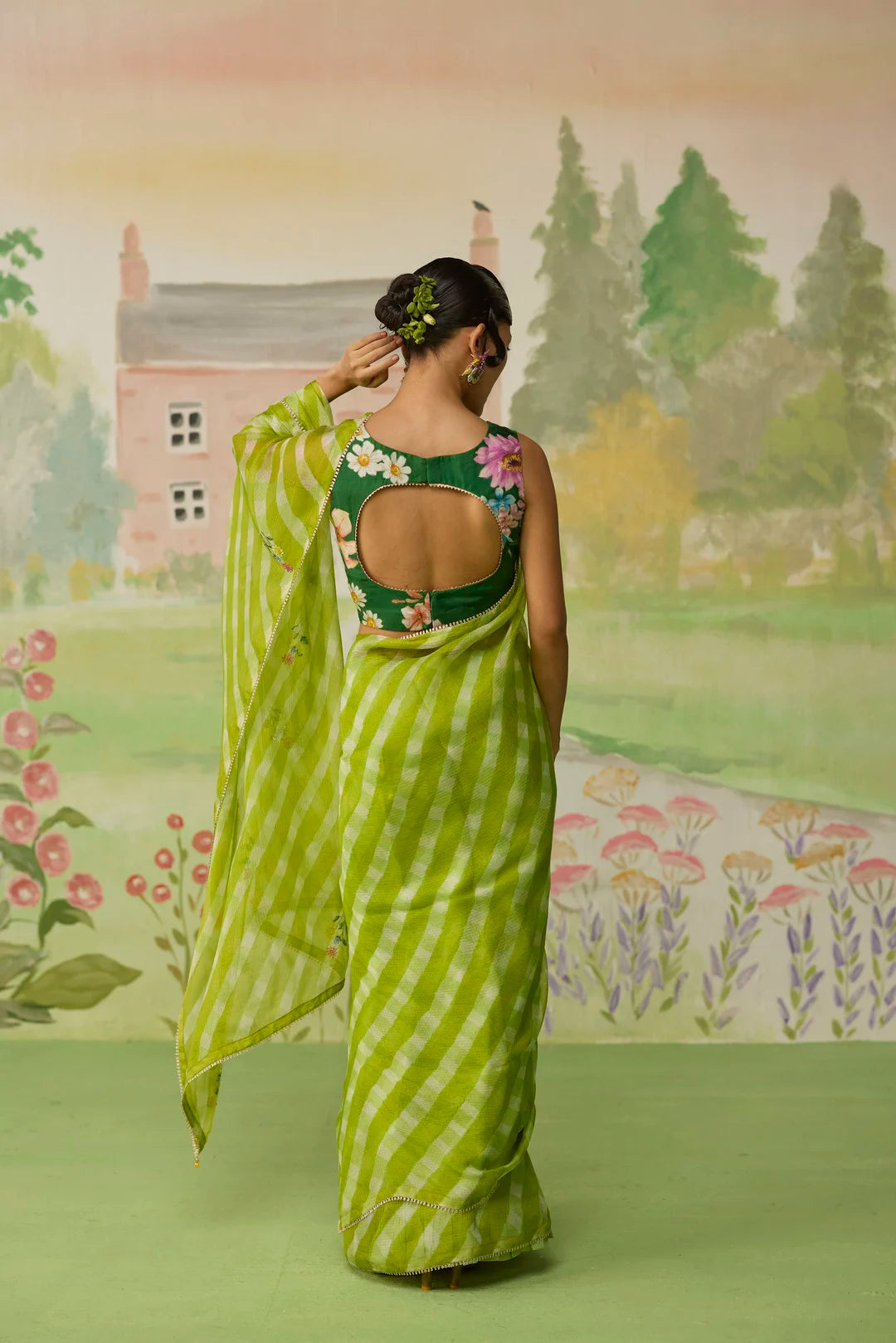 Trellis Green Kota Doria Silk Lehriya Mothra Sari