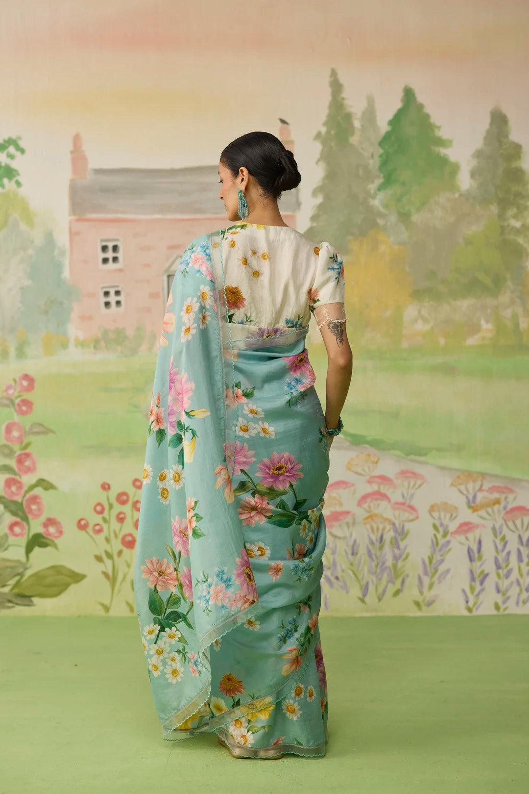 Aqua Daisy Mulberry Silk Sari