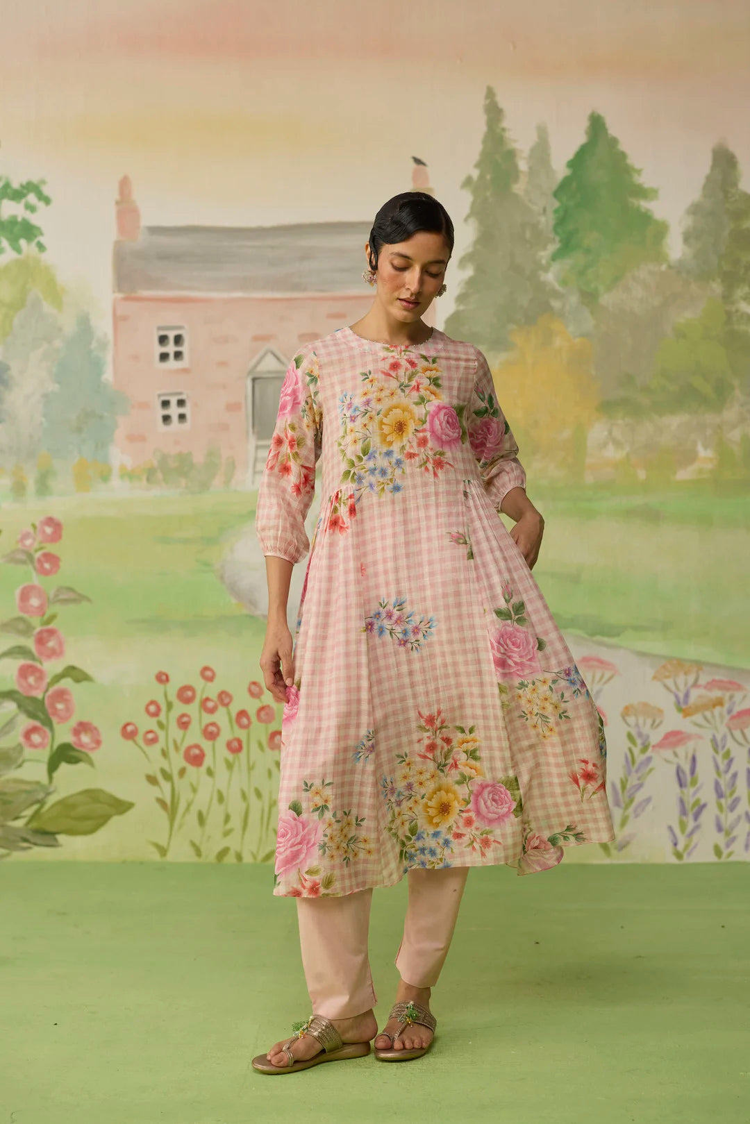Golden Hour Pink Long Kurta Set Khadi Silk