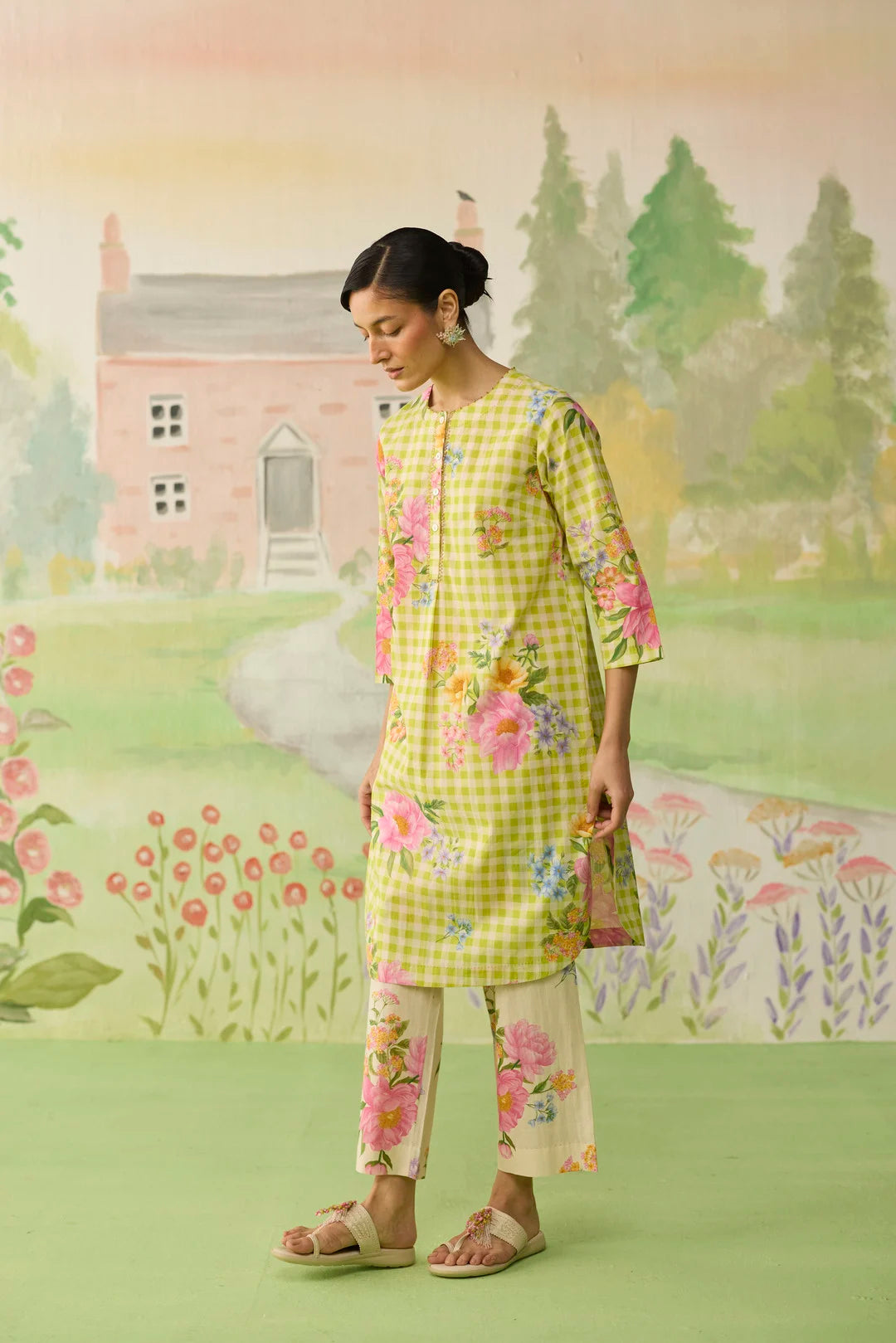 Lime Green Peony Mid Kurta Set