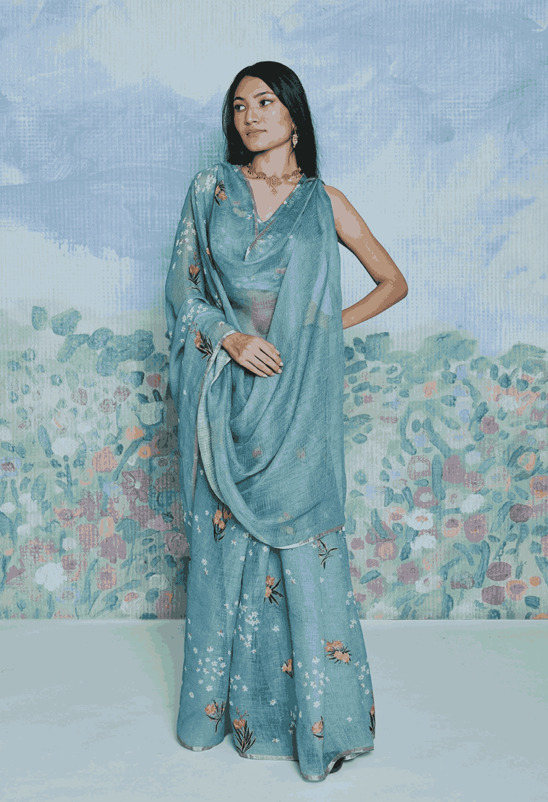 Konkona in Parijat Blue Linen Sari