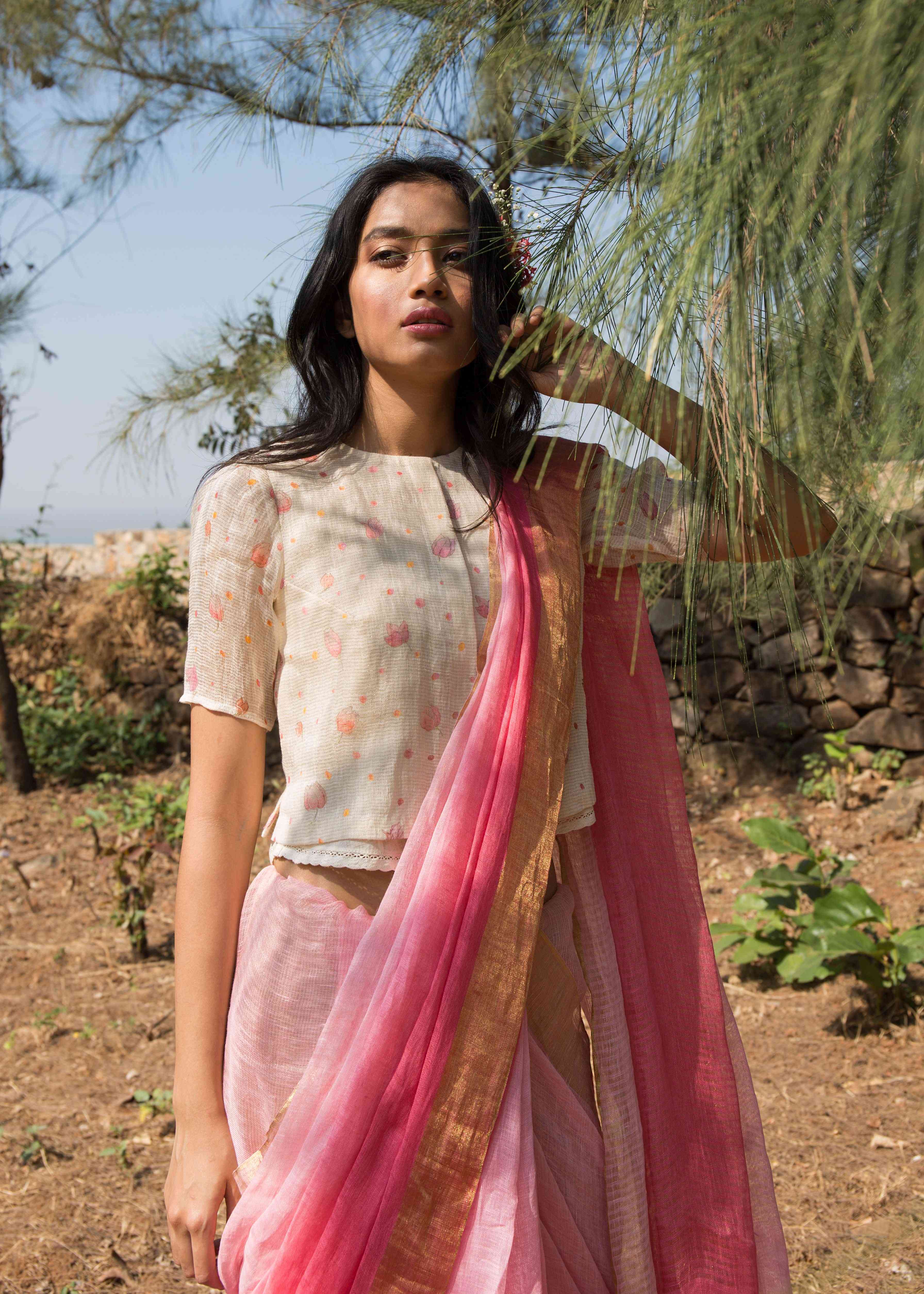 Pink Ombre Linen Sari