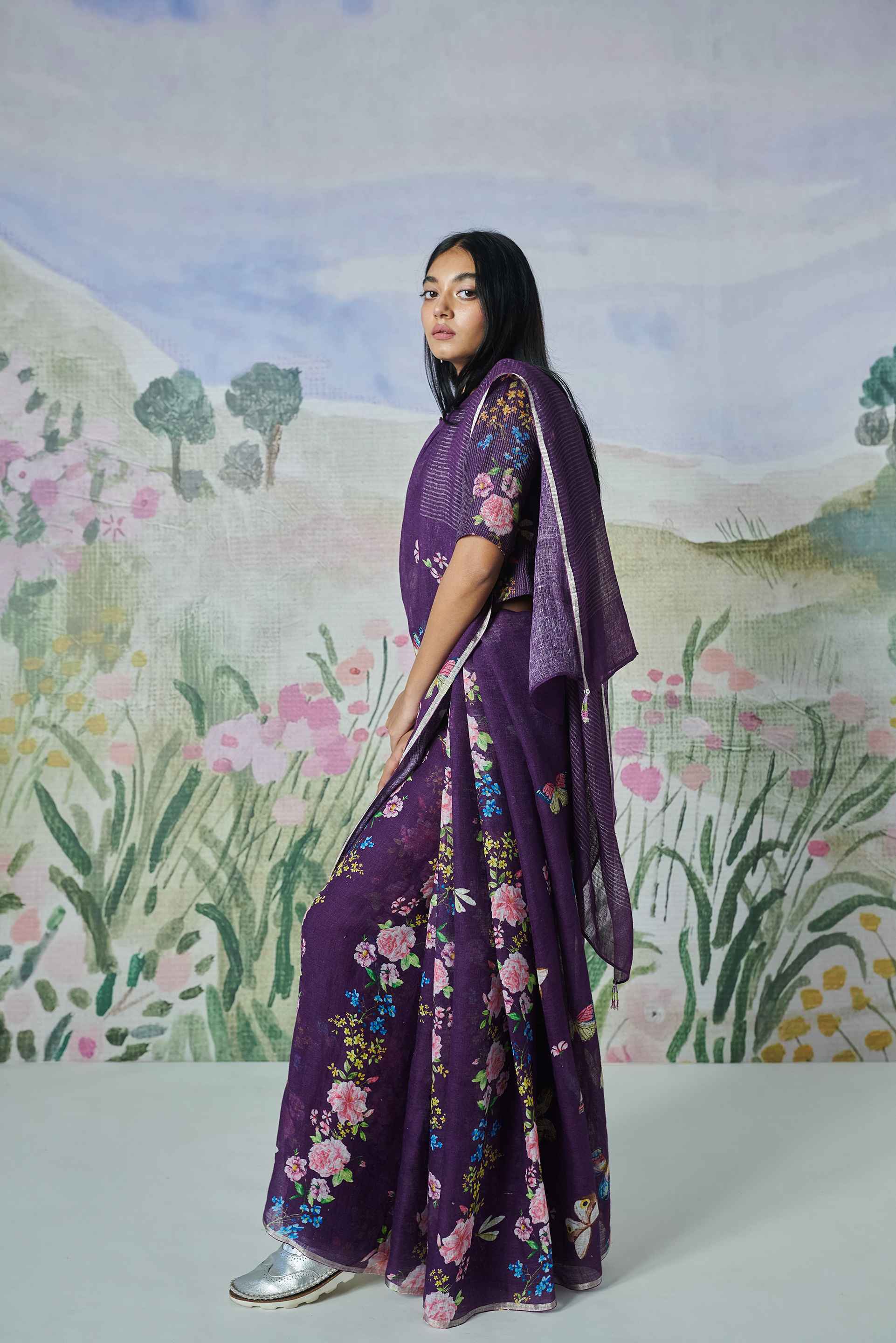 Handwoven Linen Plum color Sari with Silver Border