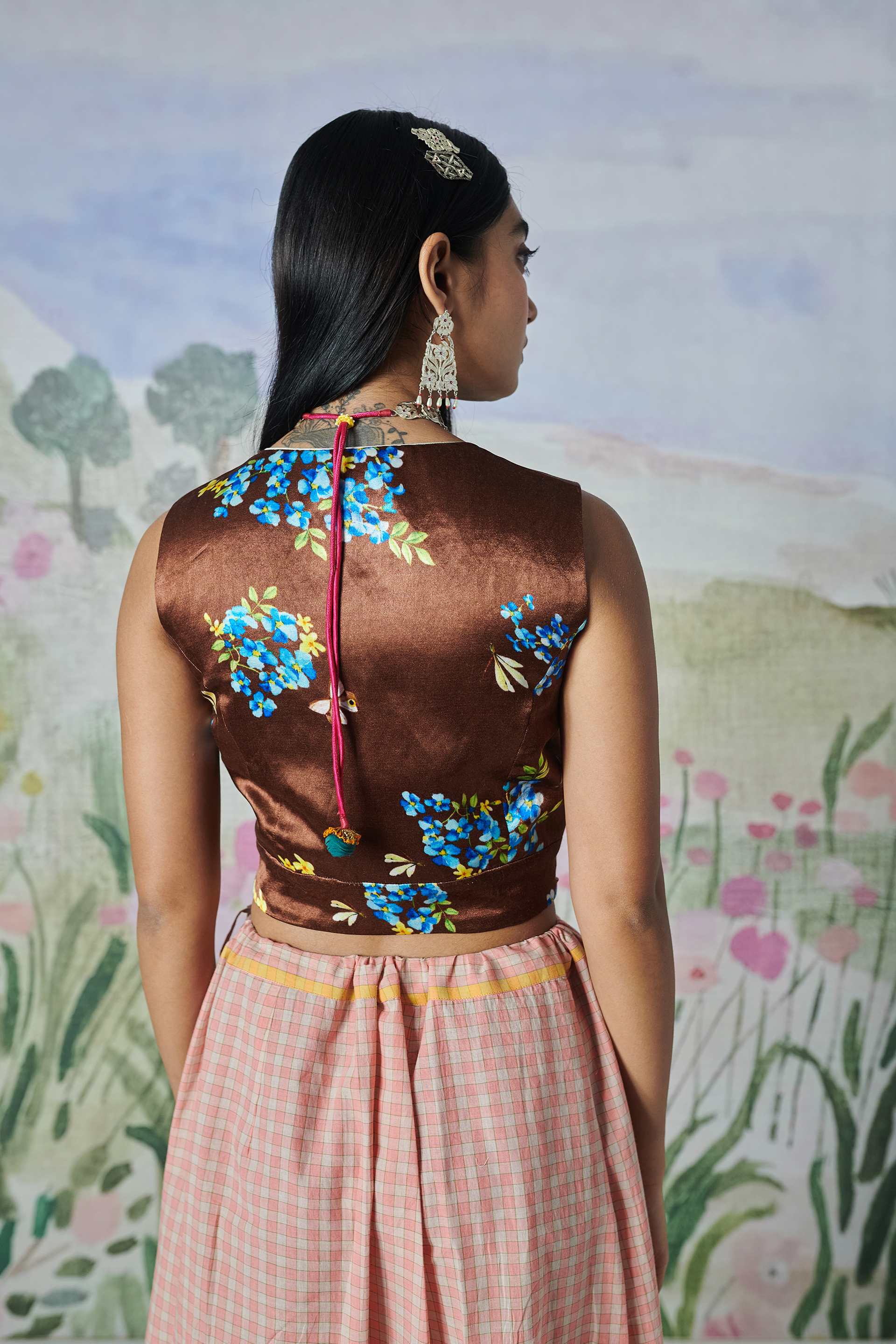 V Neck Satin Sleeveless Blouse Forest Path Print
