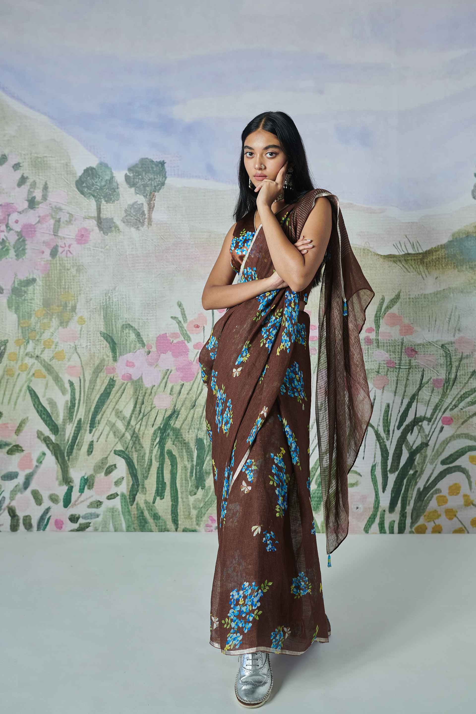 Handwoven Linen Brown Sari with Silver Border and  blouse