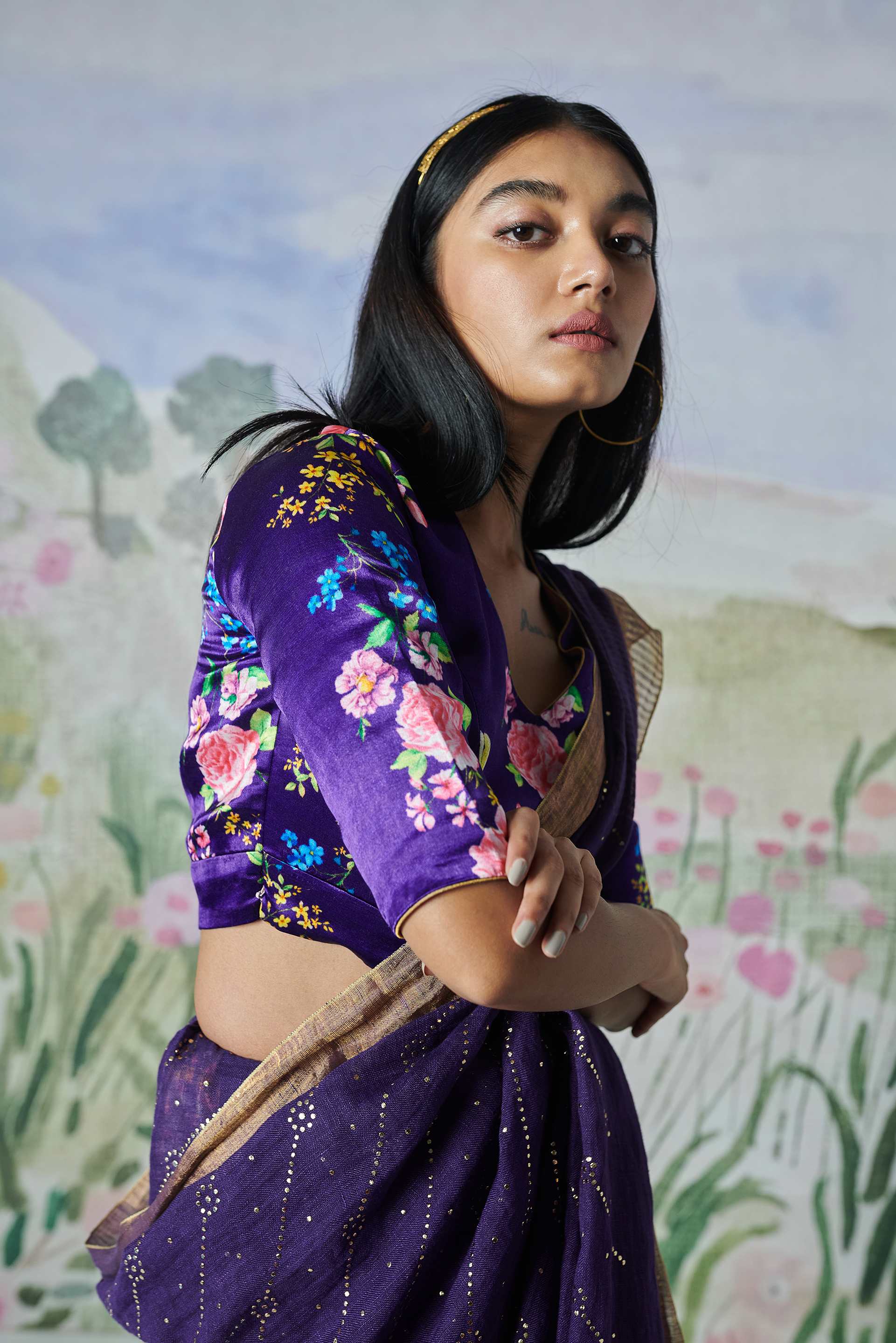 Handwoven Plum Linen Sari with Silver Border and running blouse