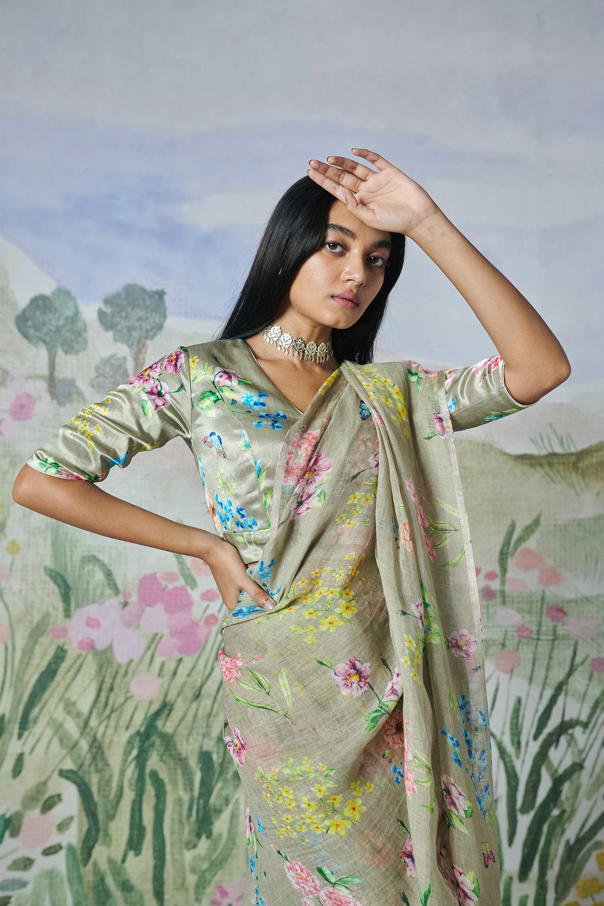Valley Of Flowers Linen Sari