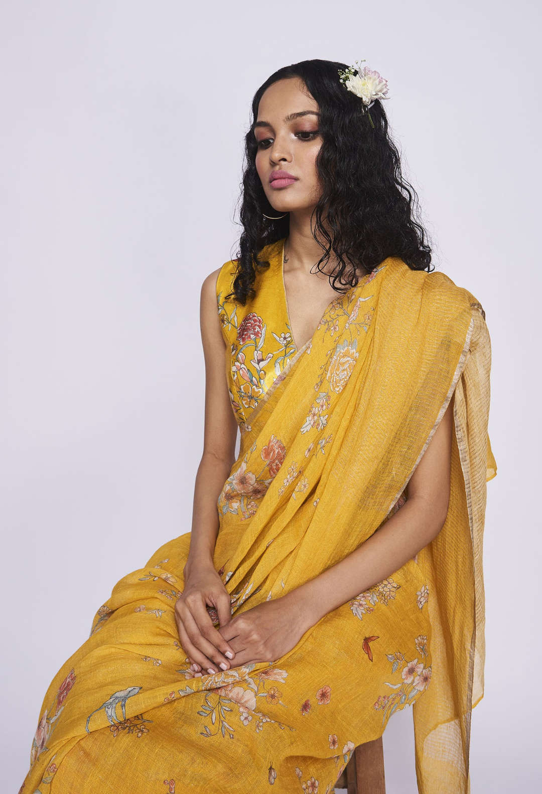 Yellow Bird Linen Sari