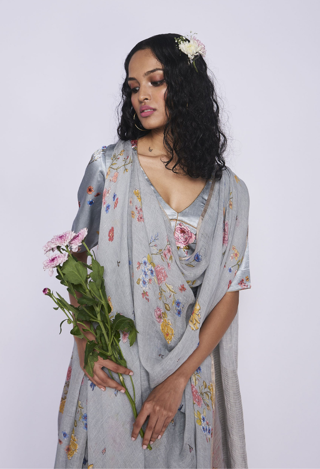 Blue Garden Linen Sari