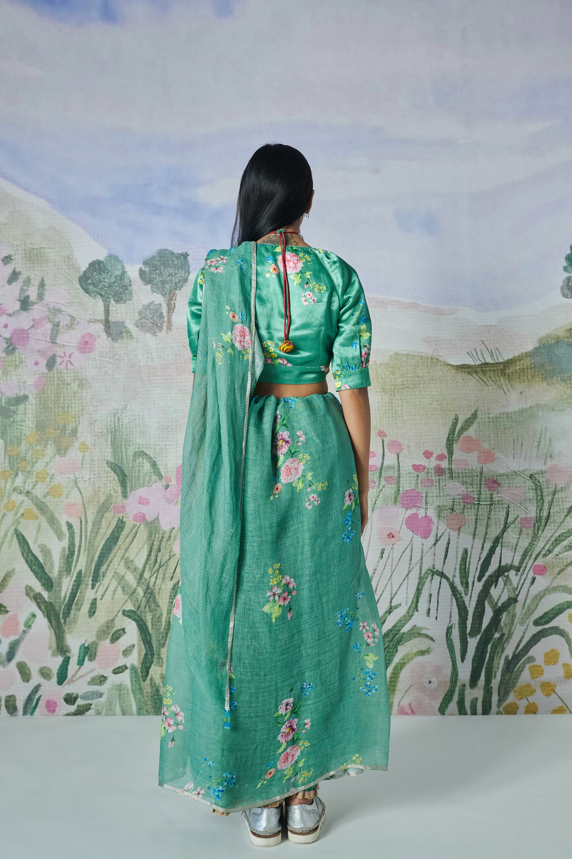 Handwoven Linen Green Sari with Silver Border and blouse