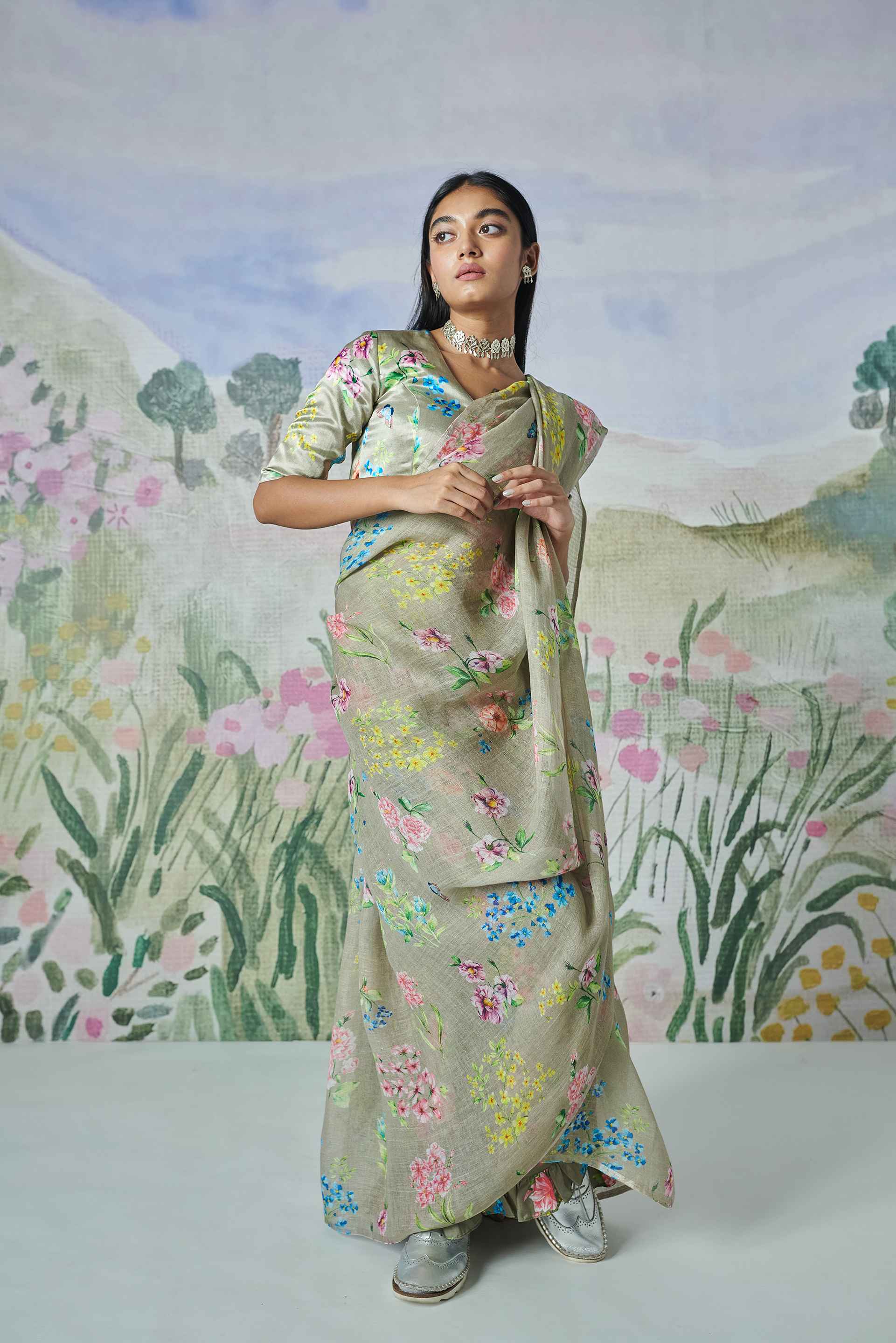 Valley Of Flowers Linen Sari