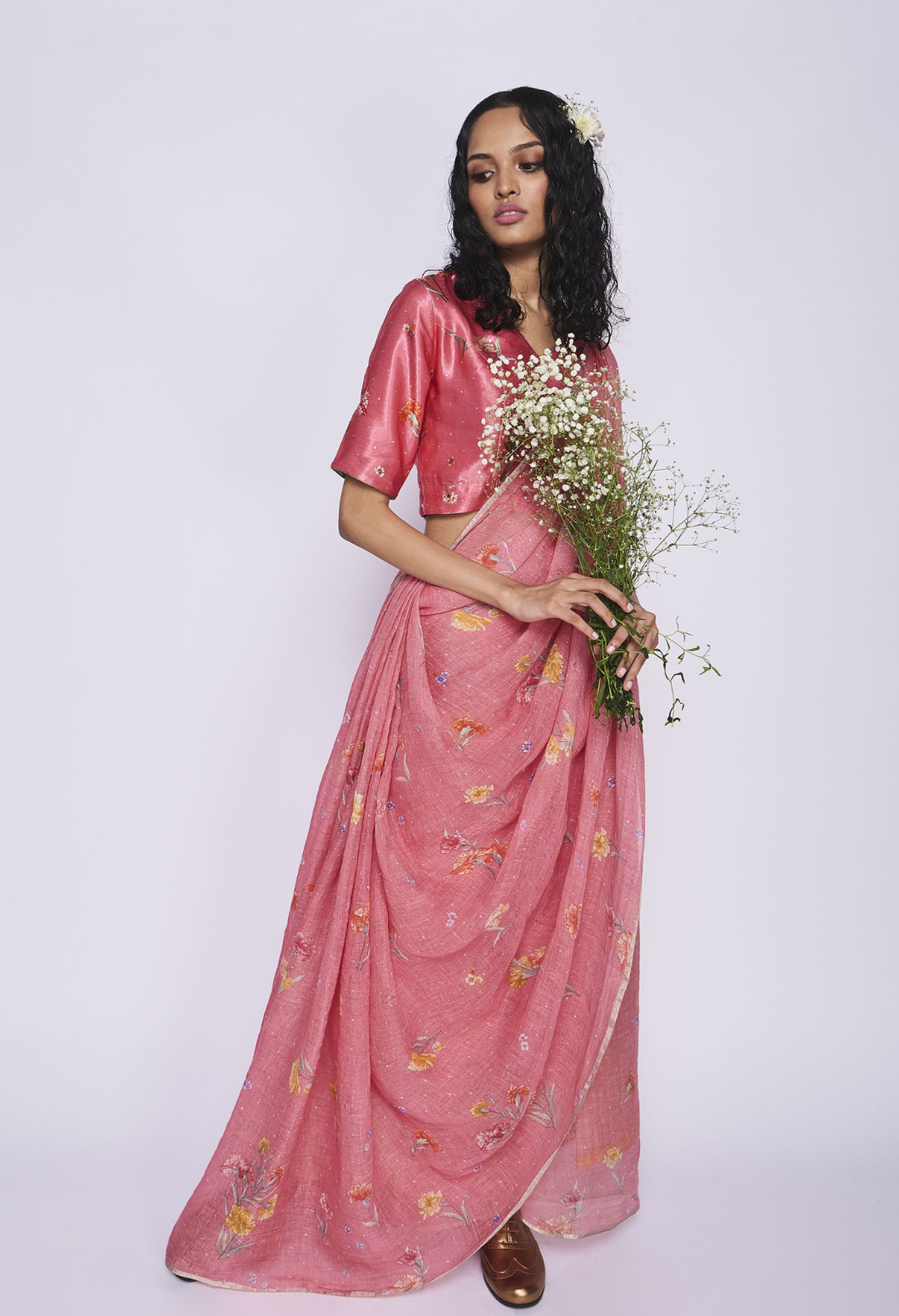 Pink Carnation Linen Sari