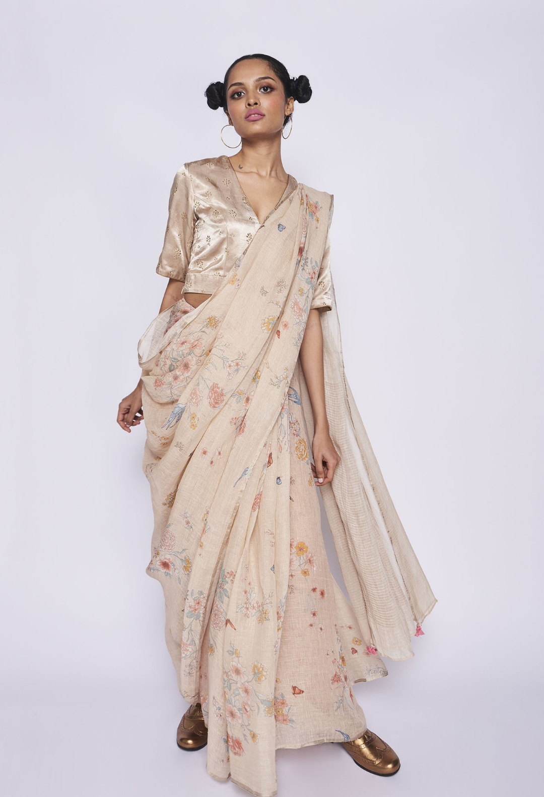 Beige Bird Linen Sari