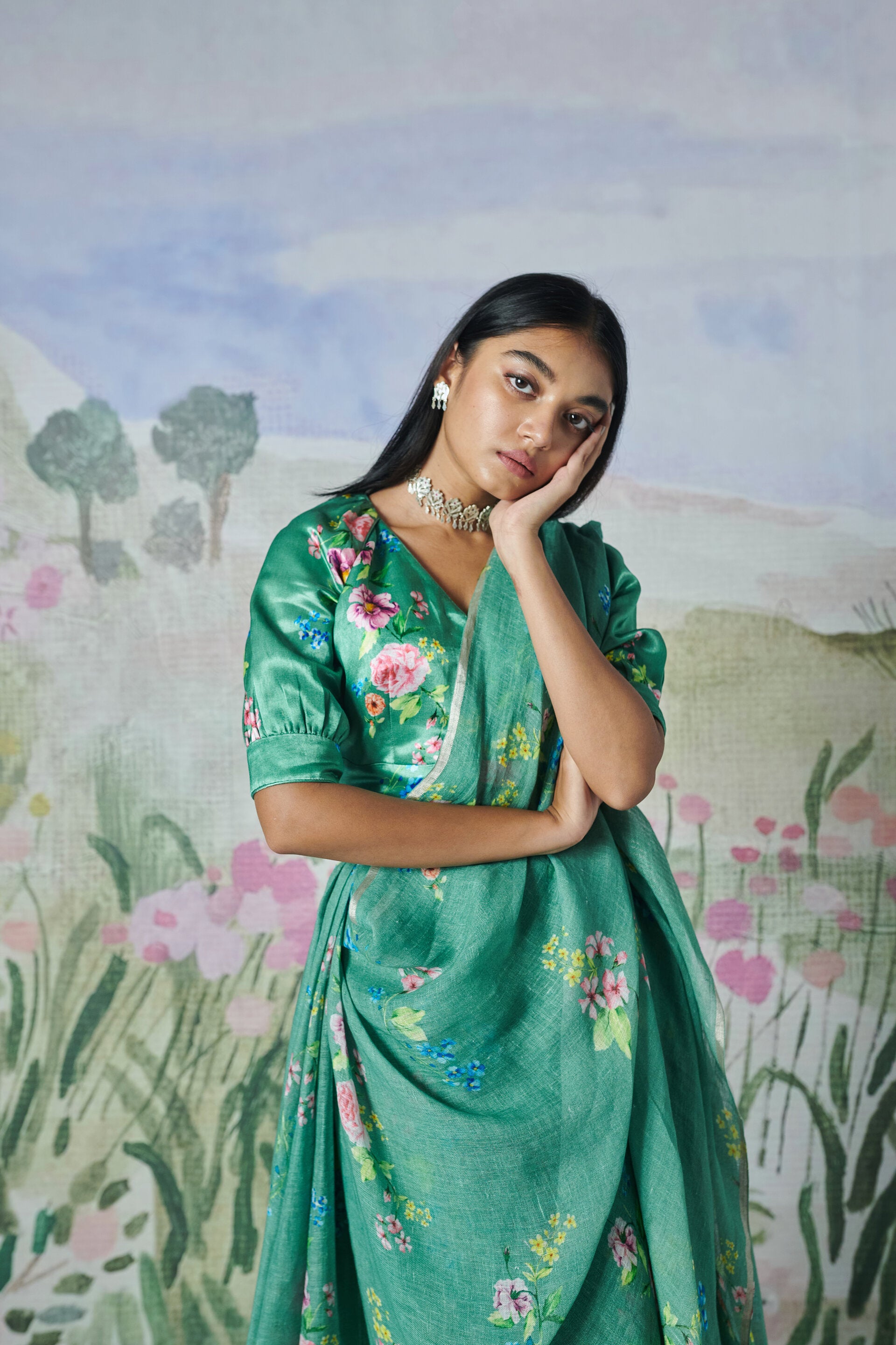 Nadiya Paar Green Linen sari