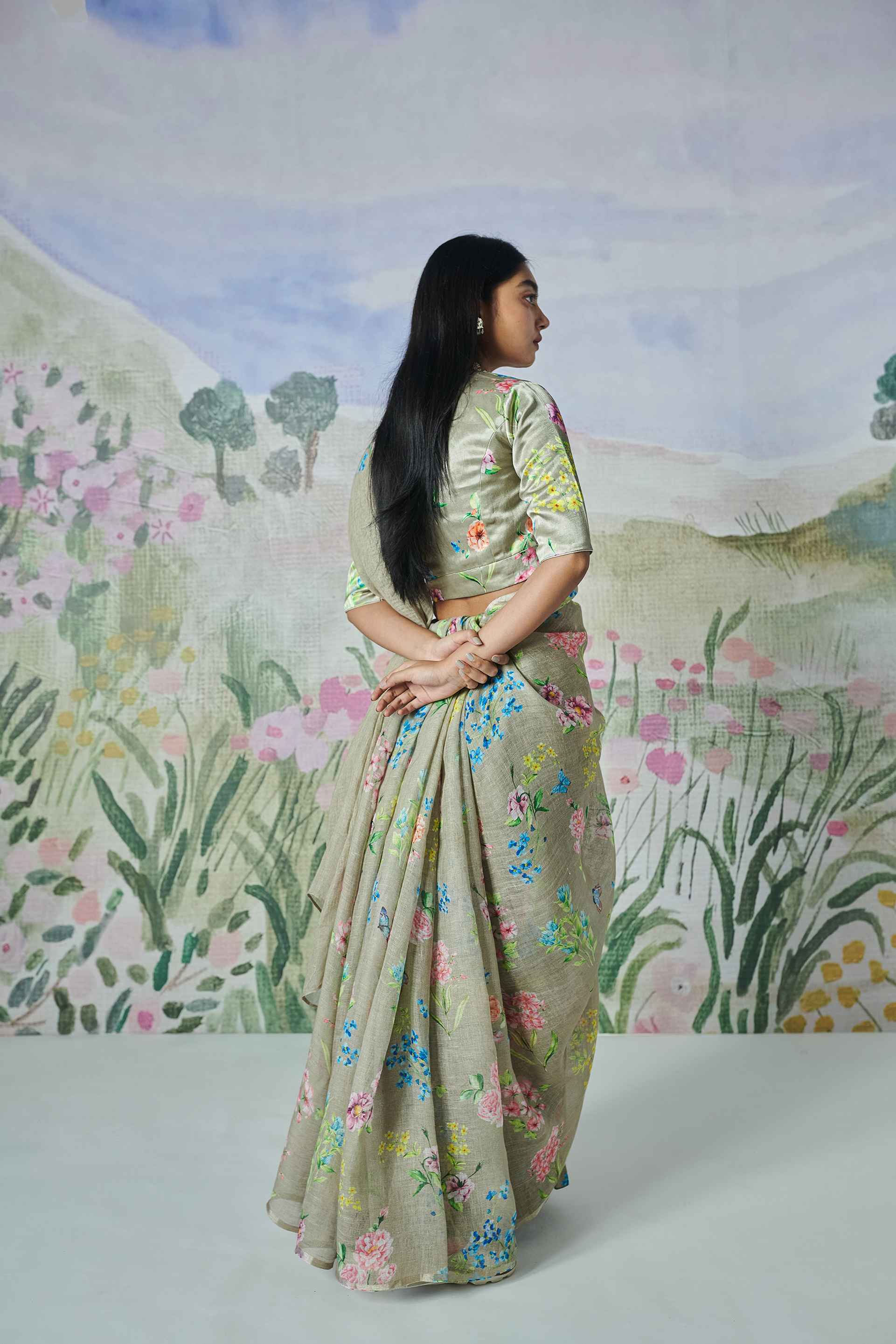 Valley Of Flowers Linen Sari