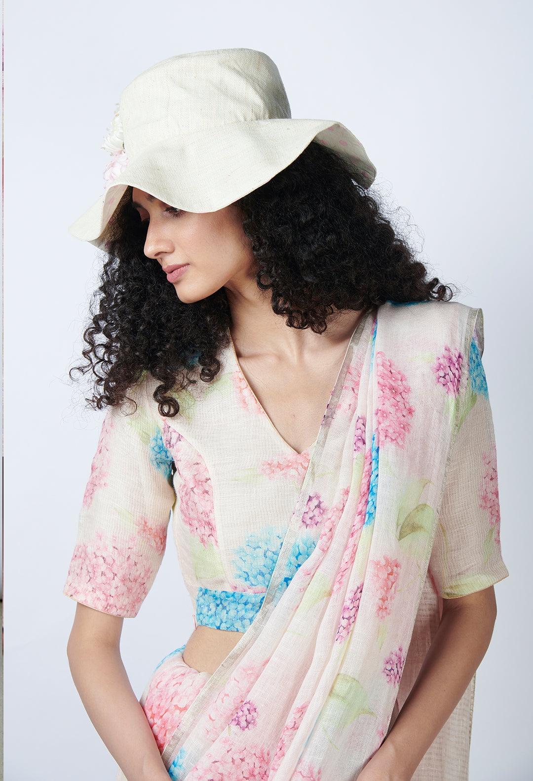 Off-white Linen Sari with floral print