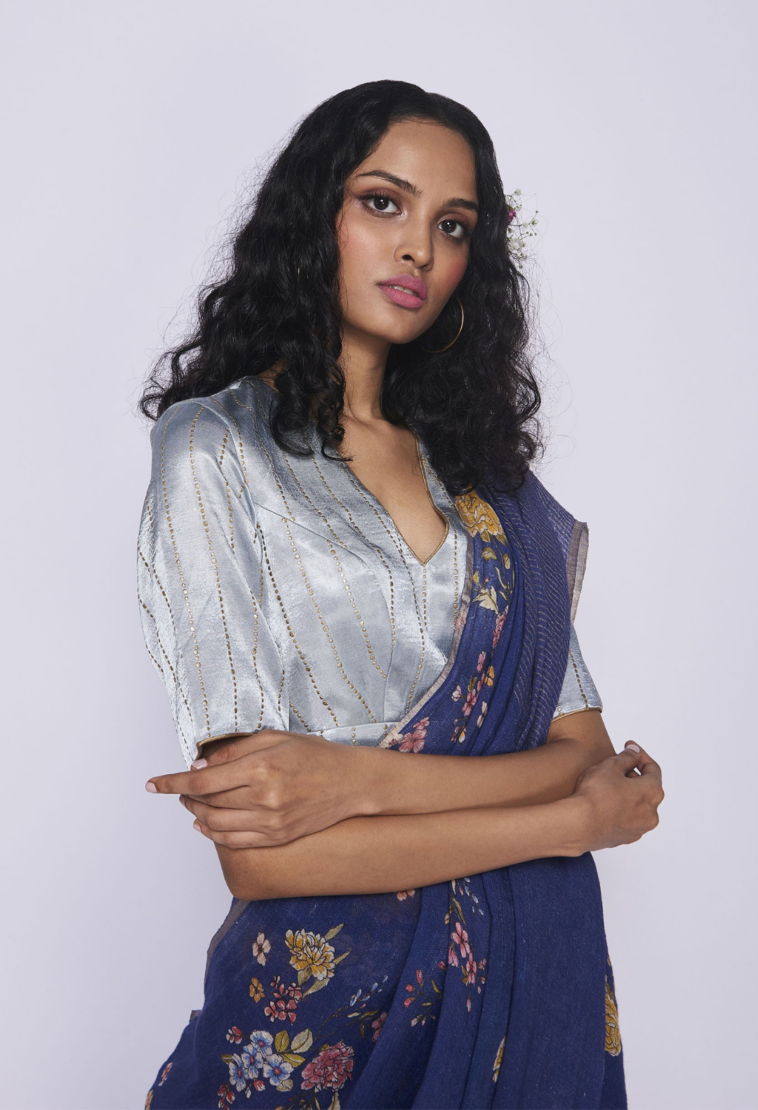 V Neck Satin Blouse Pale Blue with Gold Dots