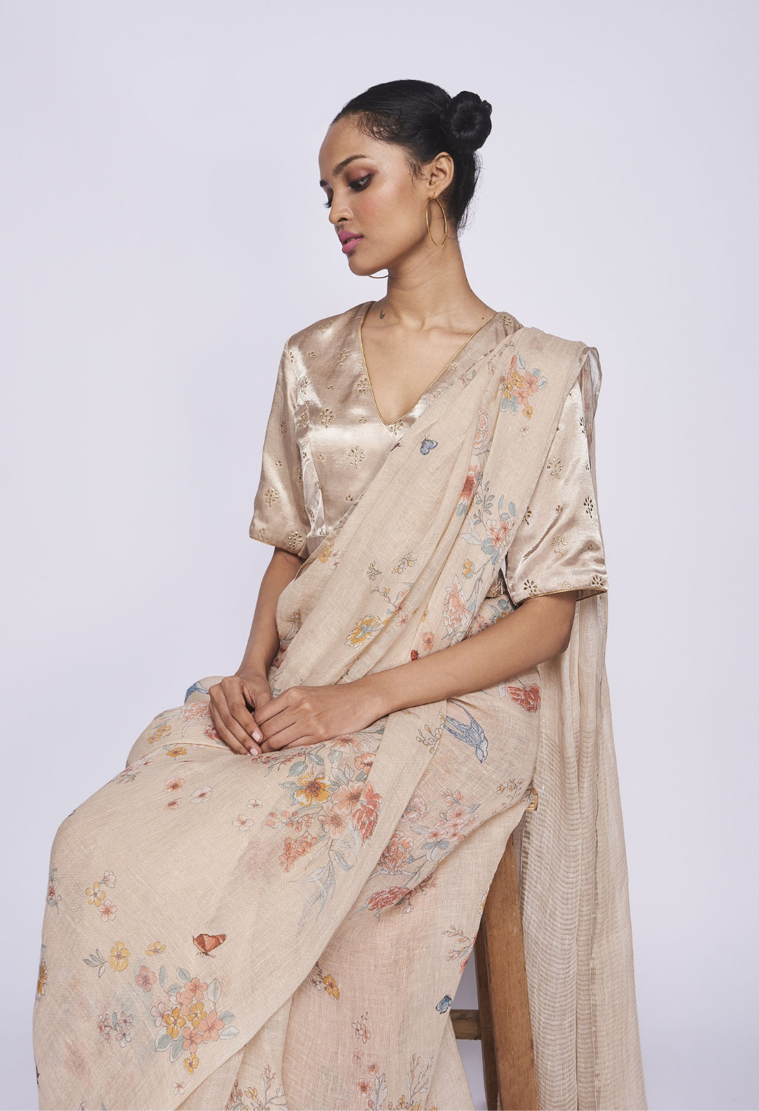 V Neck Satin Blouse Dull Gold with Gold Dots