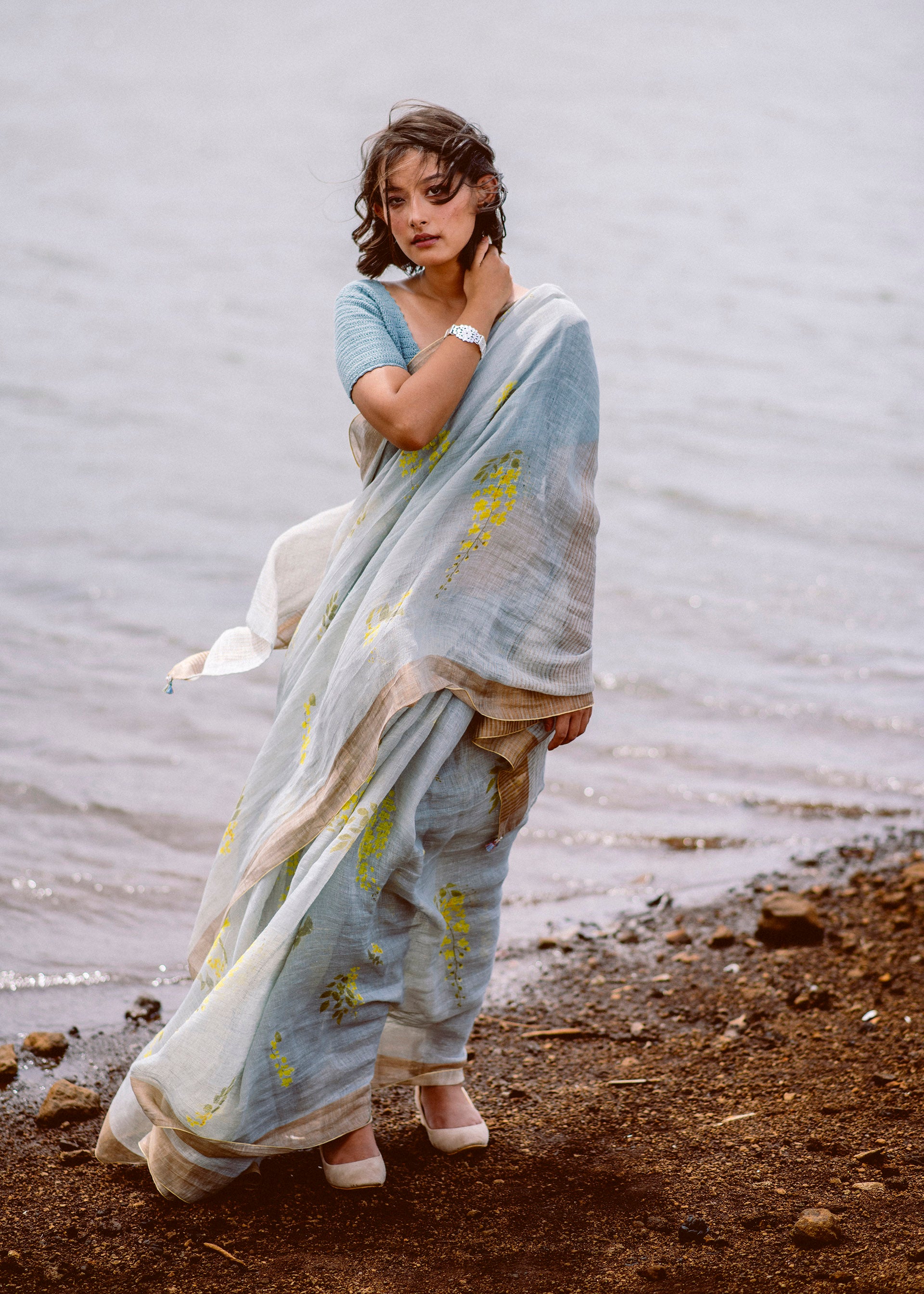 Blue Linen Sari
