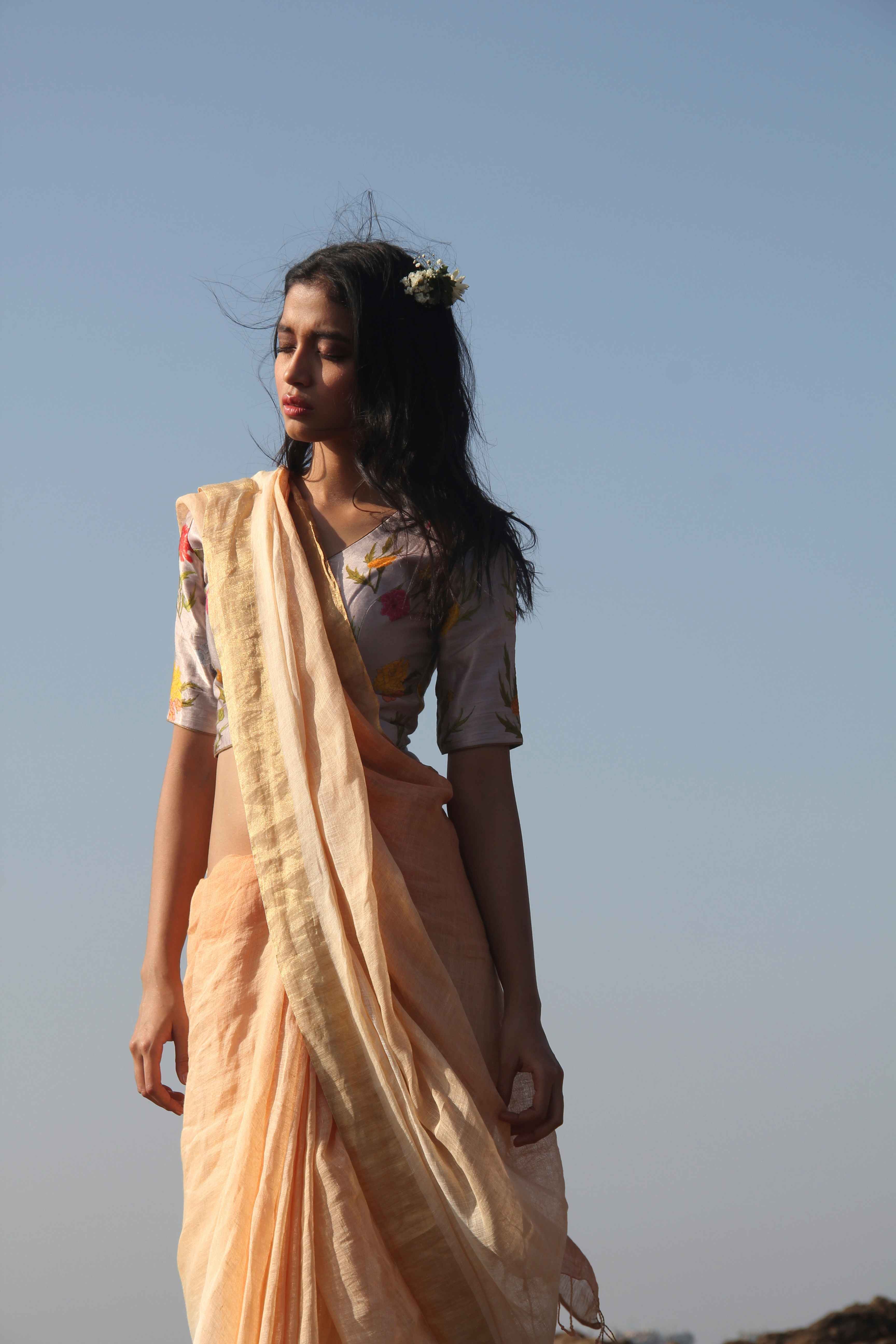Yellow Ombre Linen Sari