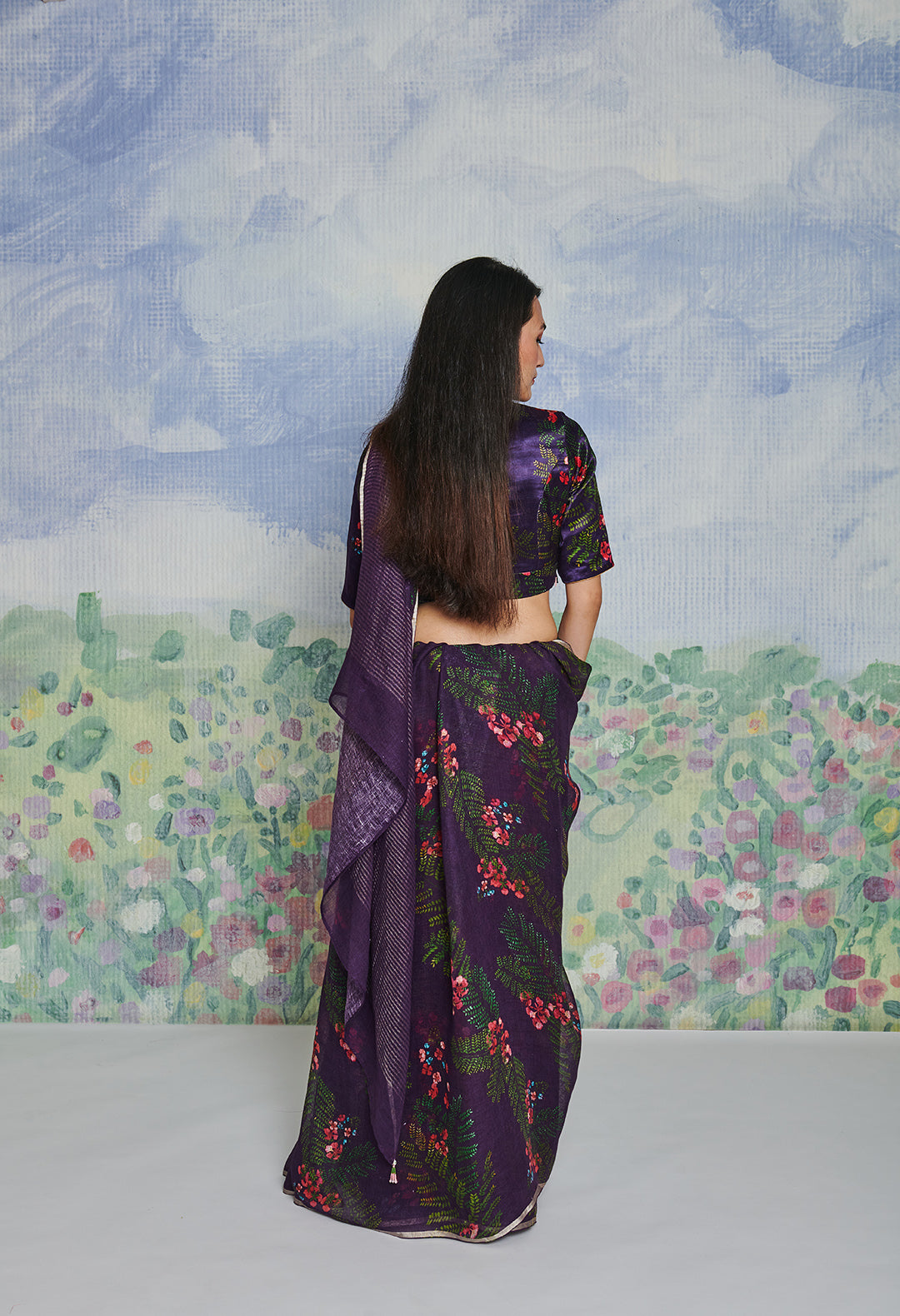 Handwoven Linen Sari with Silver Border