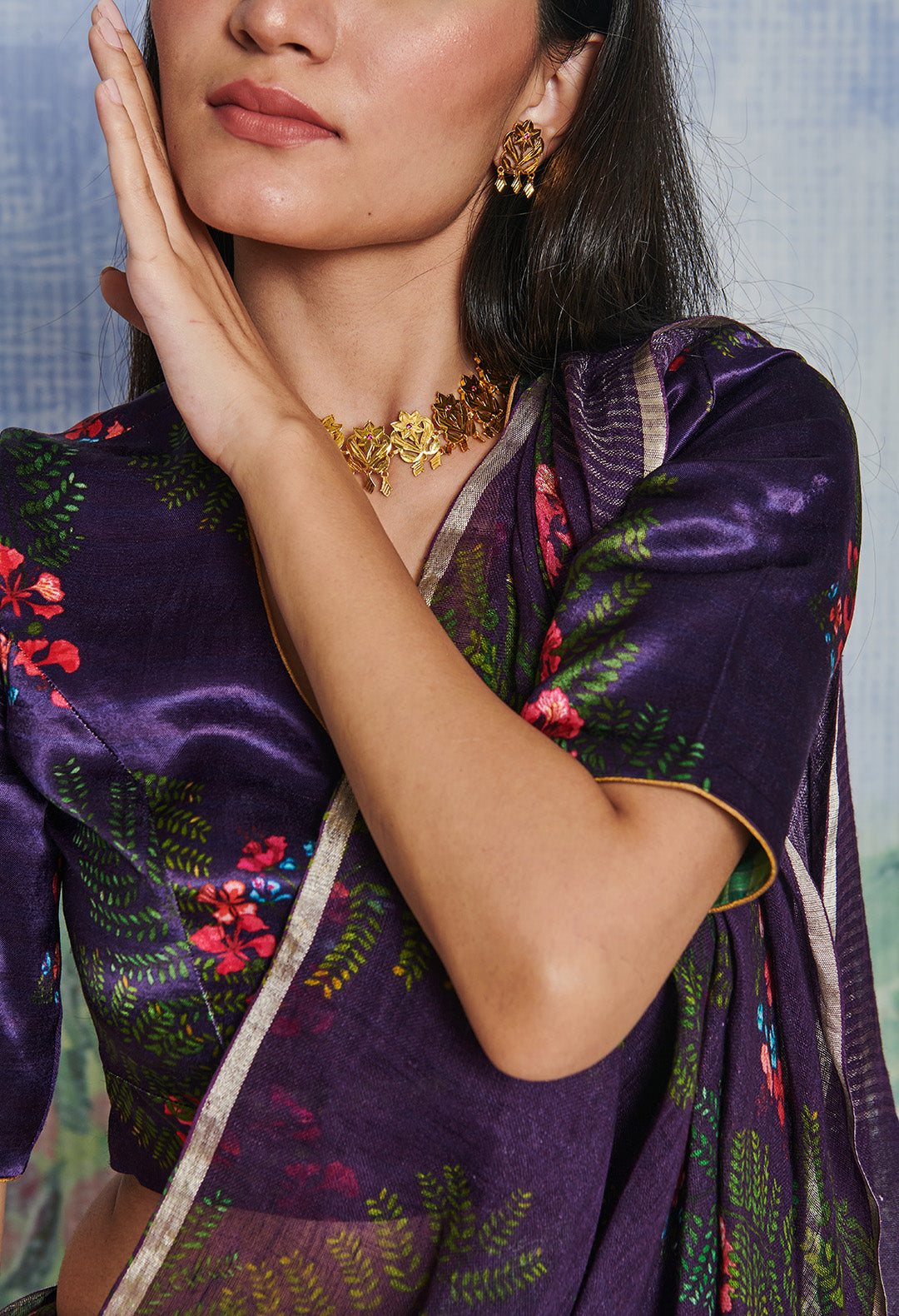V Neck Satin  Blouse  Gulmohar Jamuni