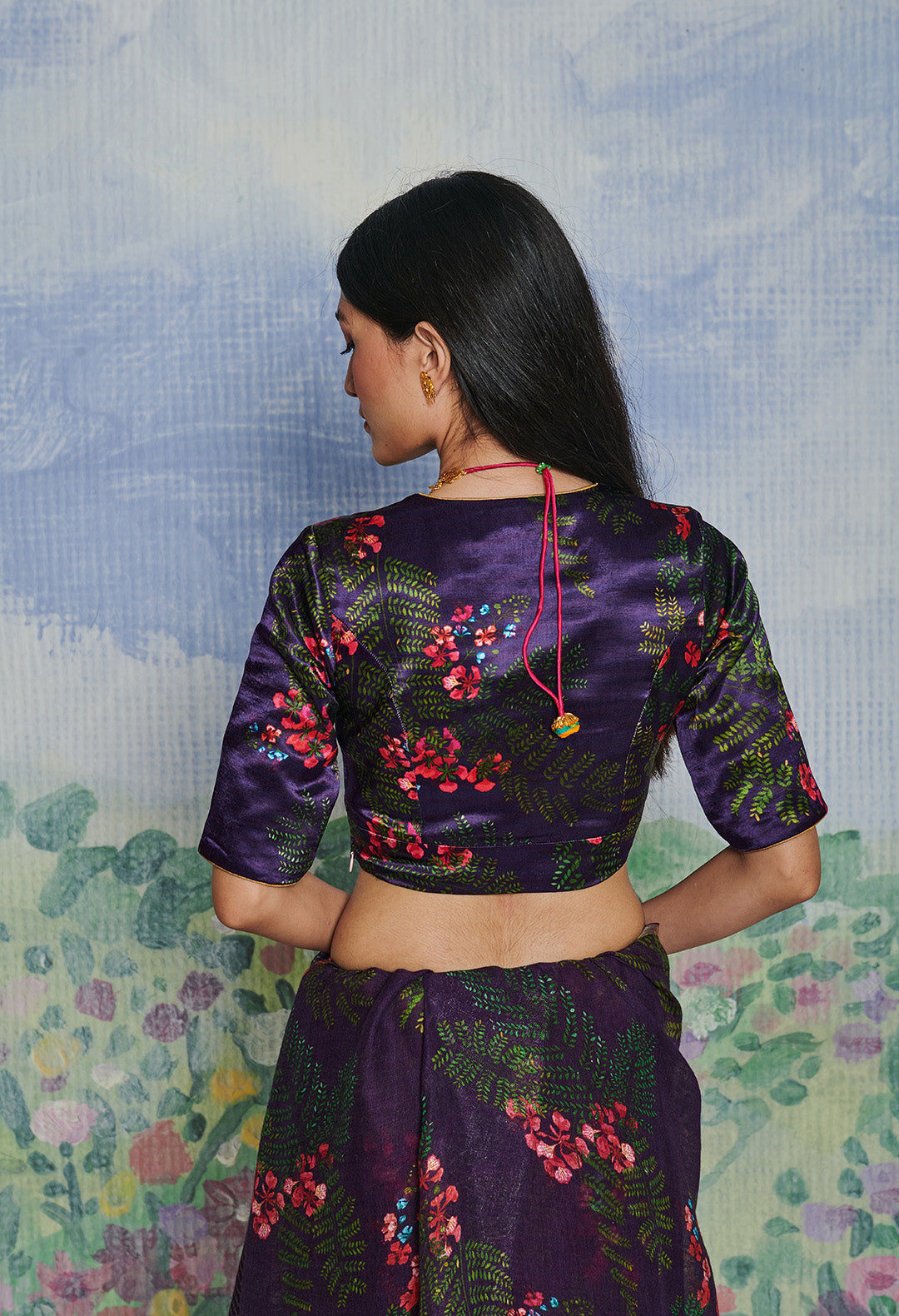 V Neck Satin  Blouse  Gulmohar Jamuni