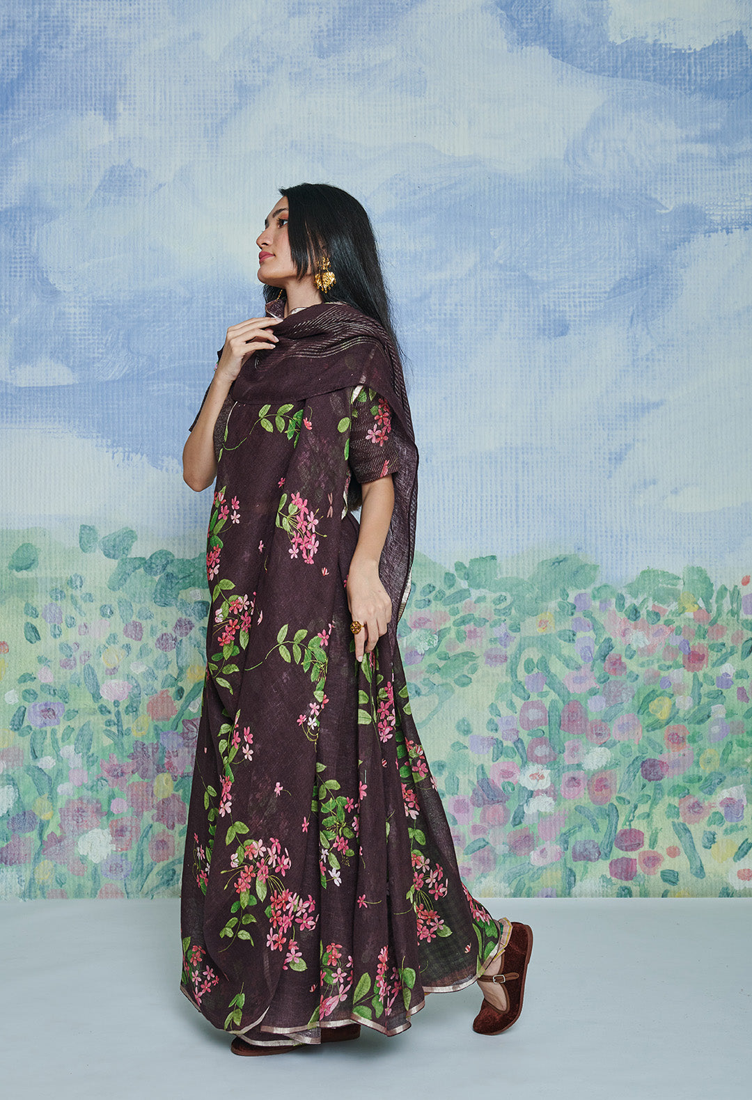 Rangoon Creeper Wine Linen Sari
