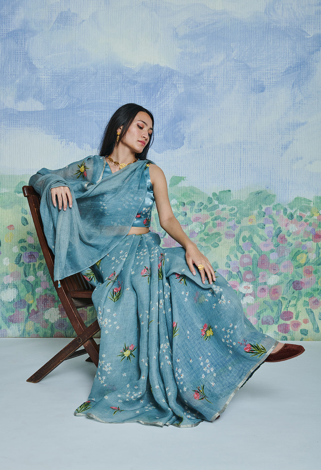 Parijaat Blue Linen Sari