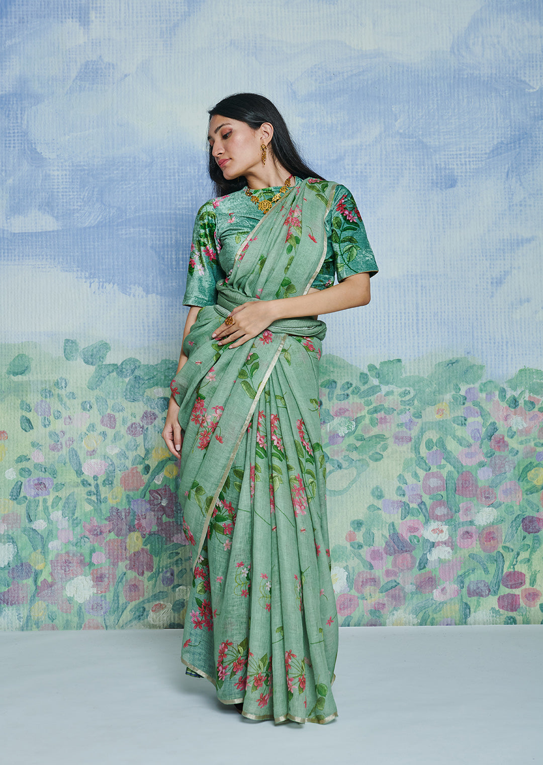 Rangoon Creeper Wasabi Linen Sari