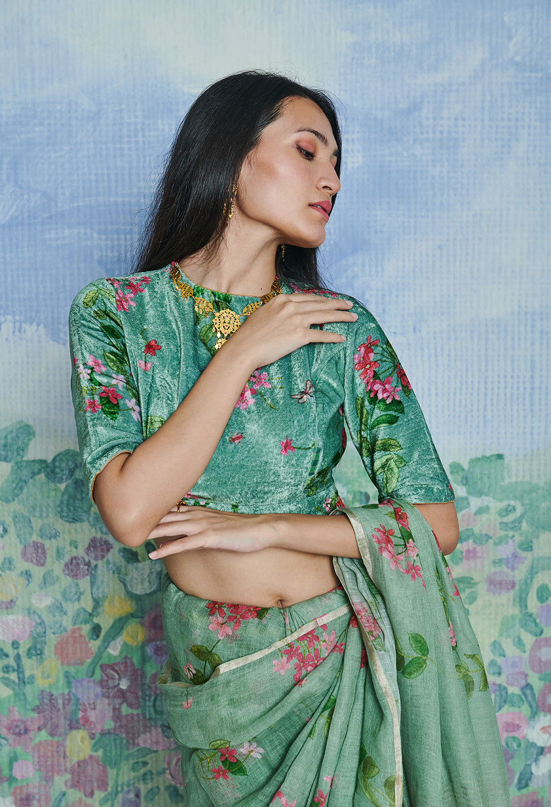 Round Neck Velvet Blouse Rangoon Creeper Wasabi Green