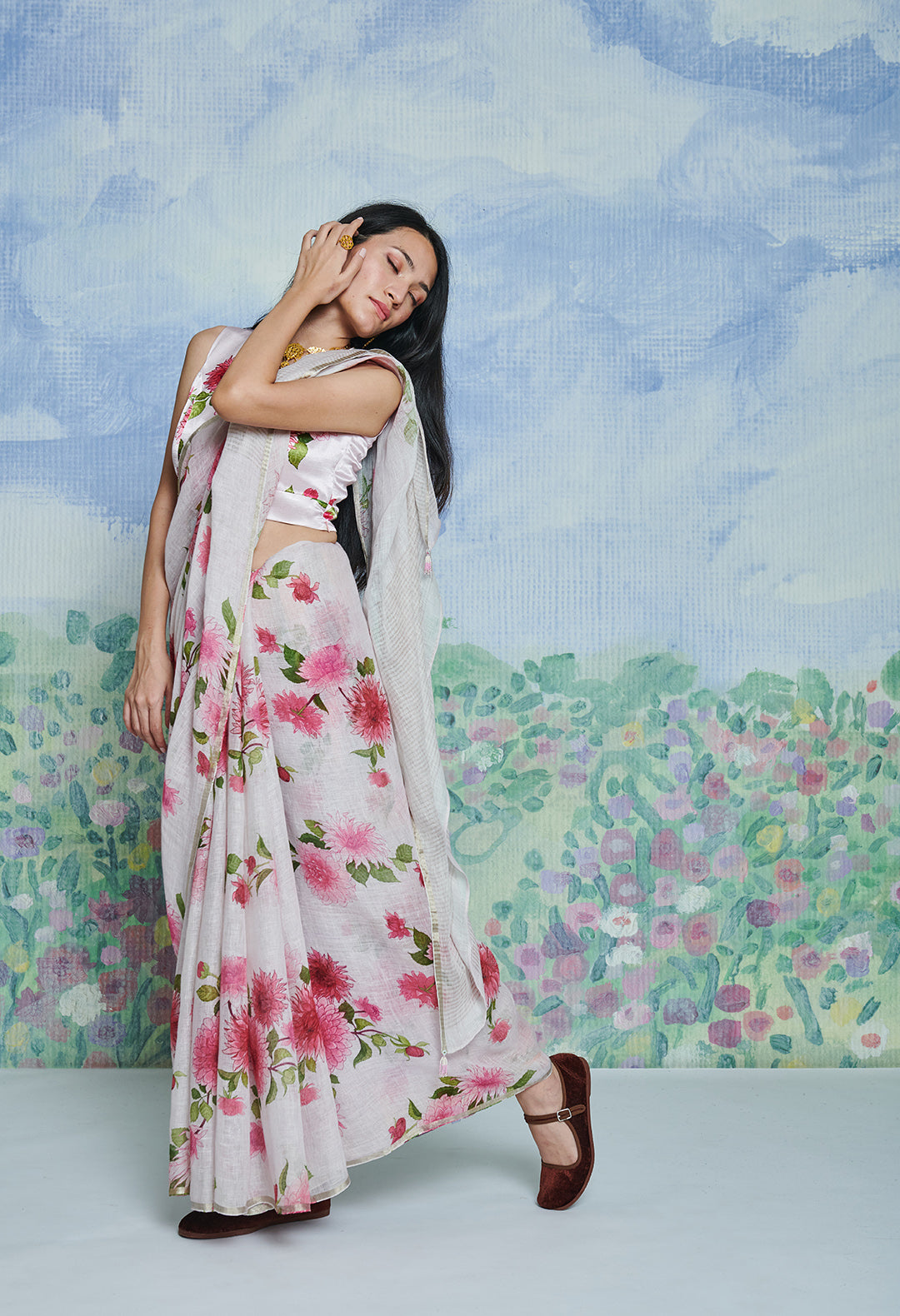 Handwoven Pale pink Linen Sari