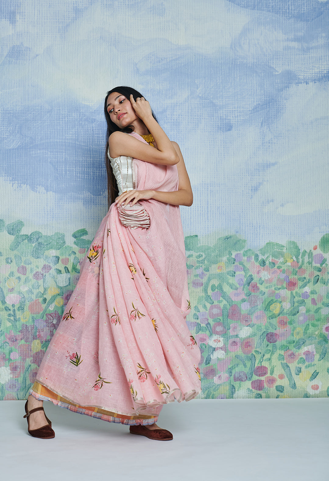 Parijaat Pink Linen Sari