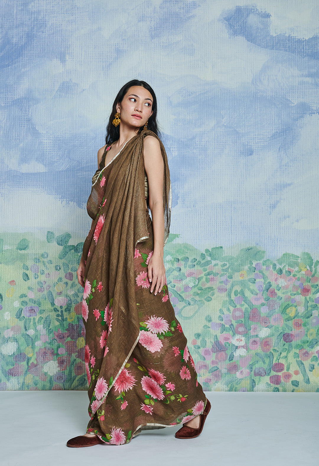 Handwoven Linen Khaki Green Sari