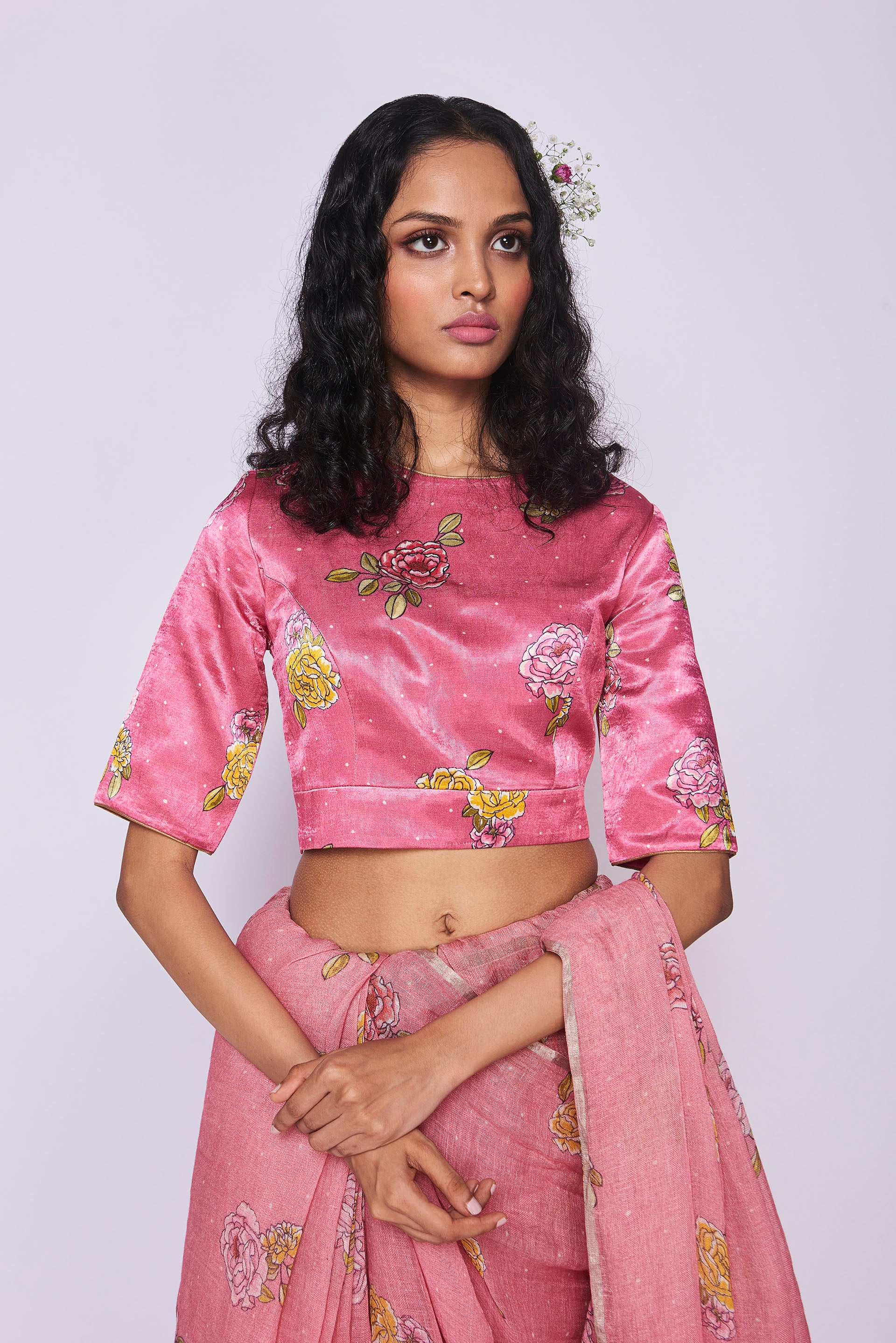 Round Neck Satin Blouse Pink Rosette
