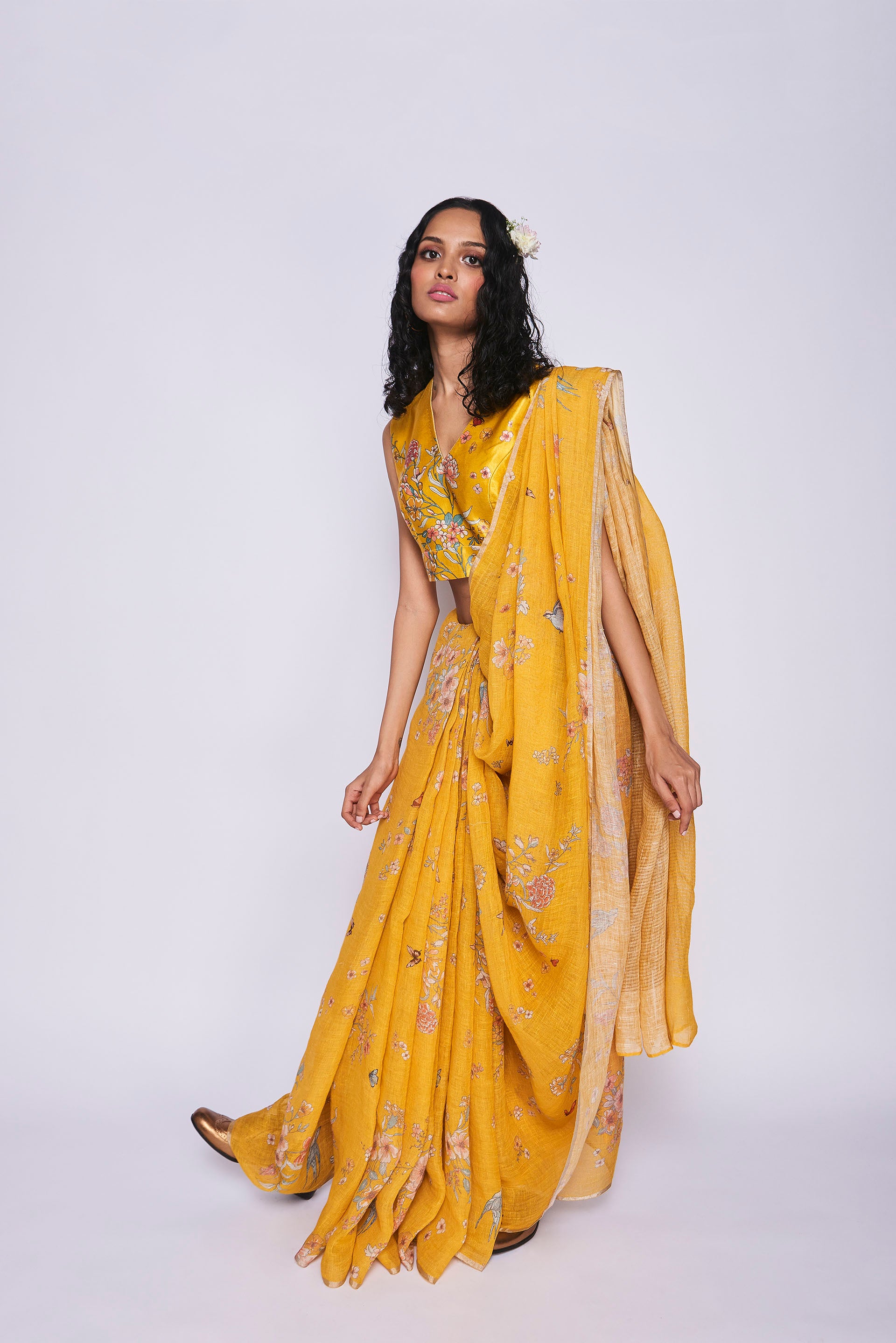 Yellow Bird Linen Sari