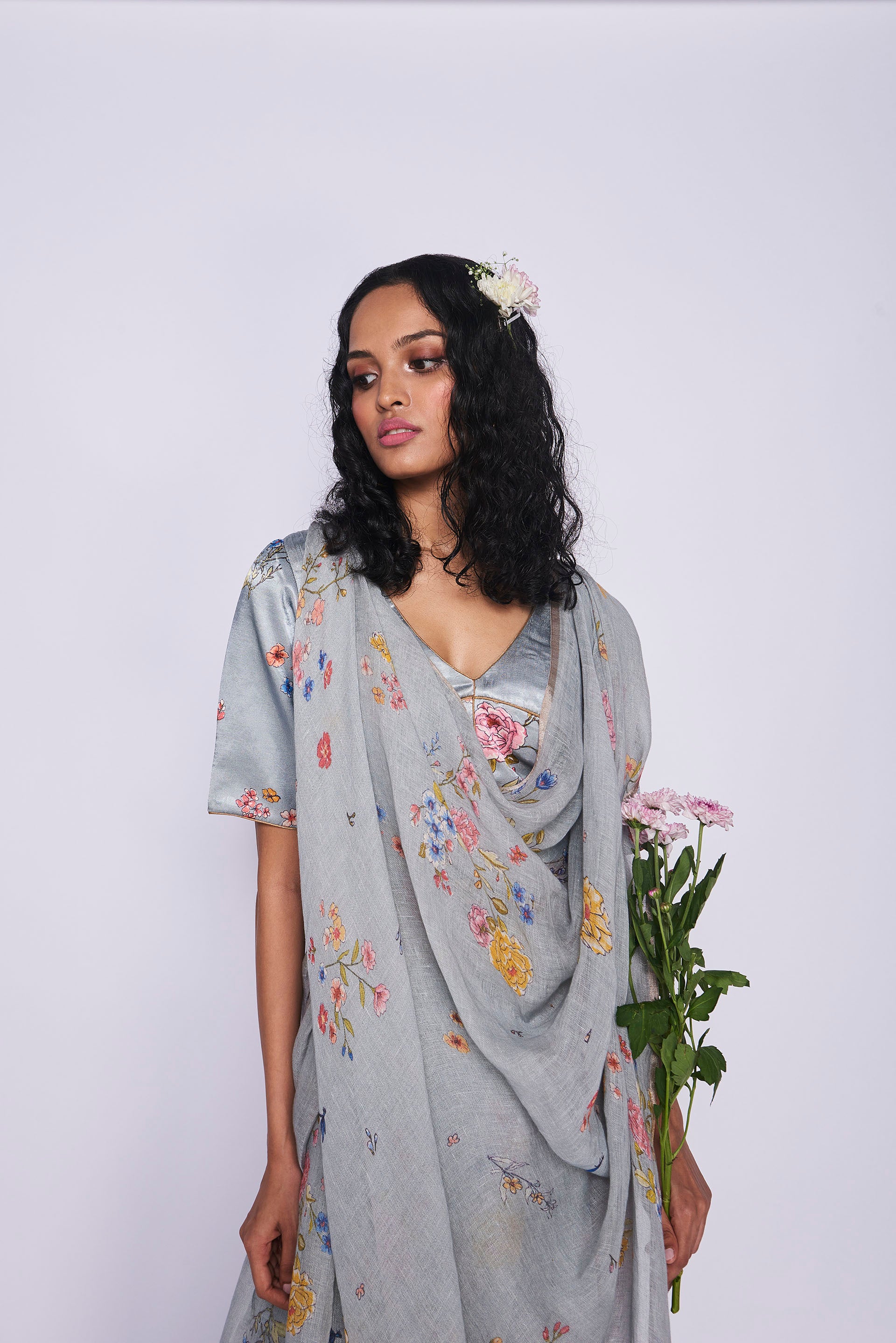 Handwoven Linen Sari with Silver Border