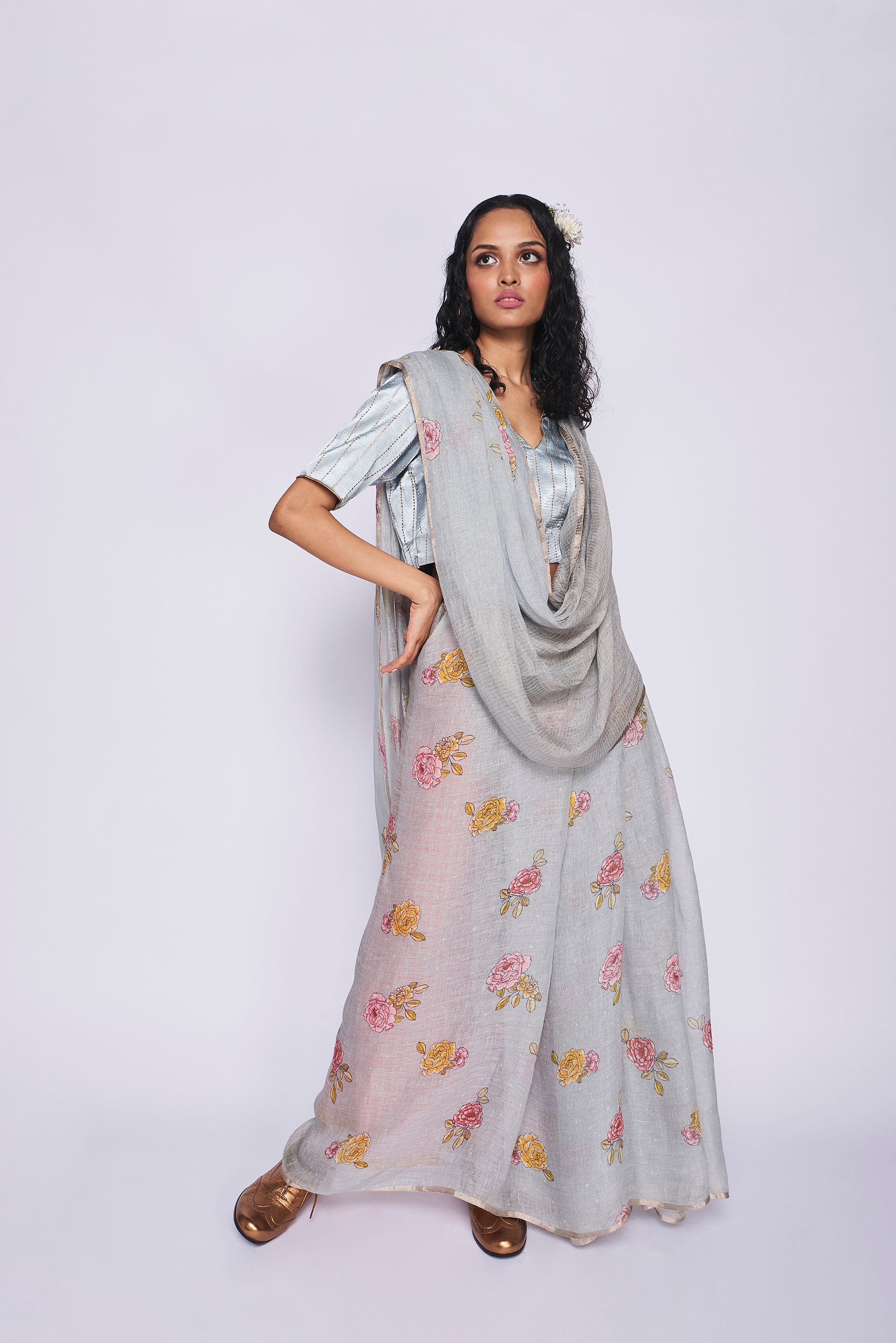Handwoven Linen Sari Pale Blue
