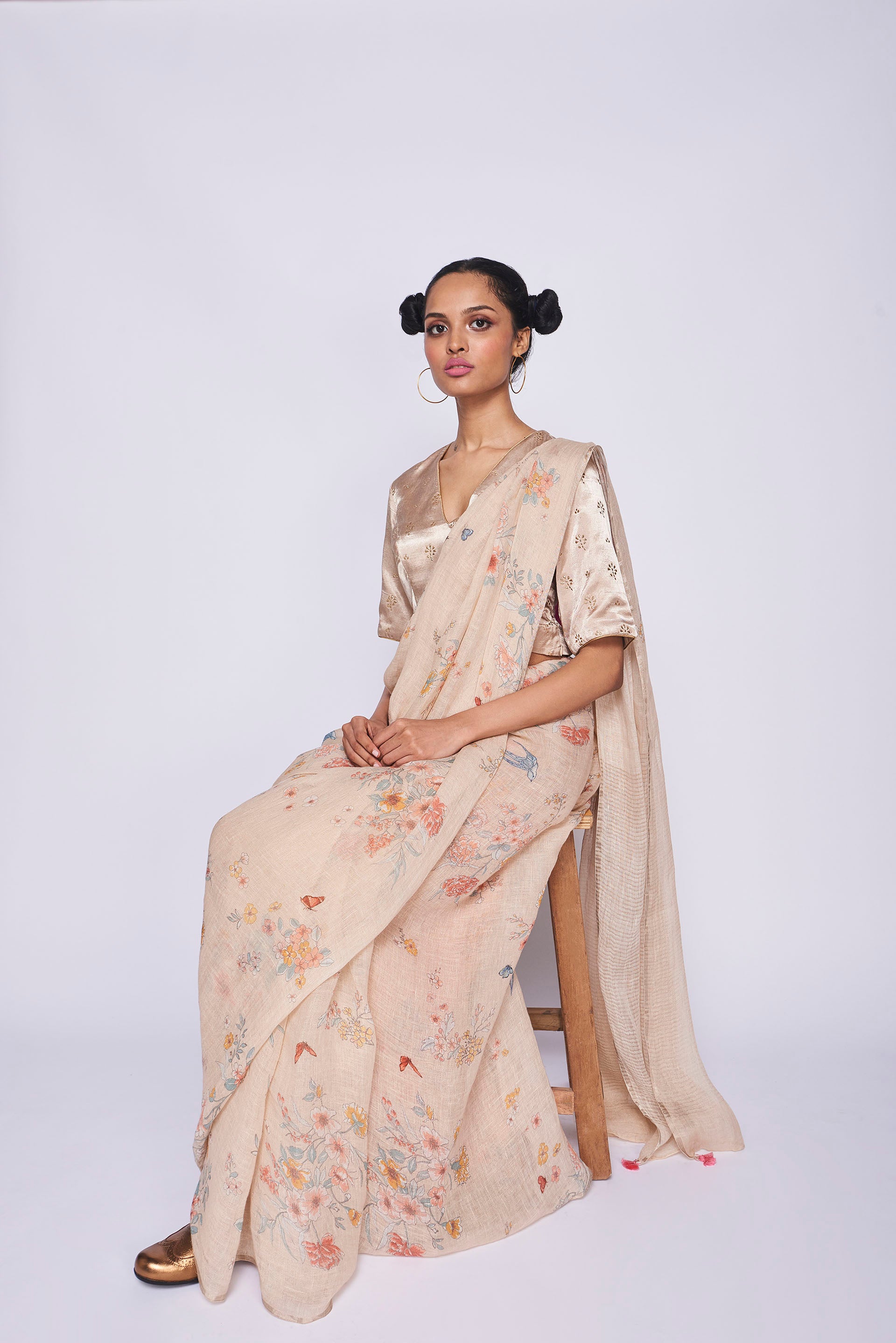Beige Bird Linen Sari