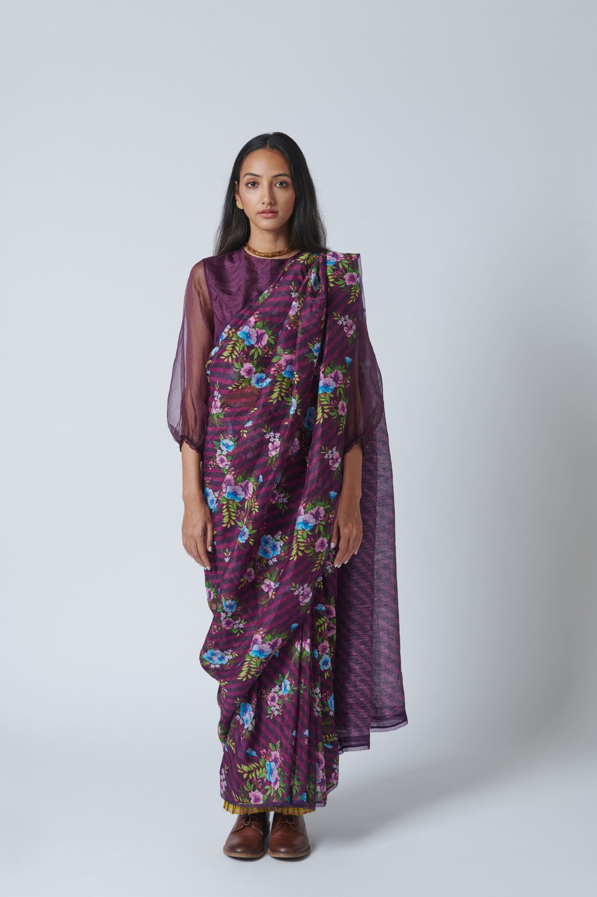 Wine Pansy Silk Linen Sari
