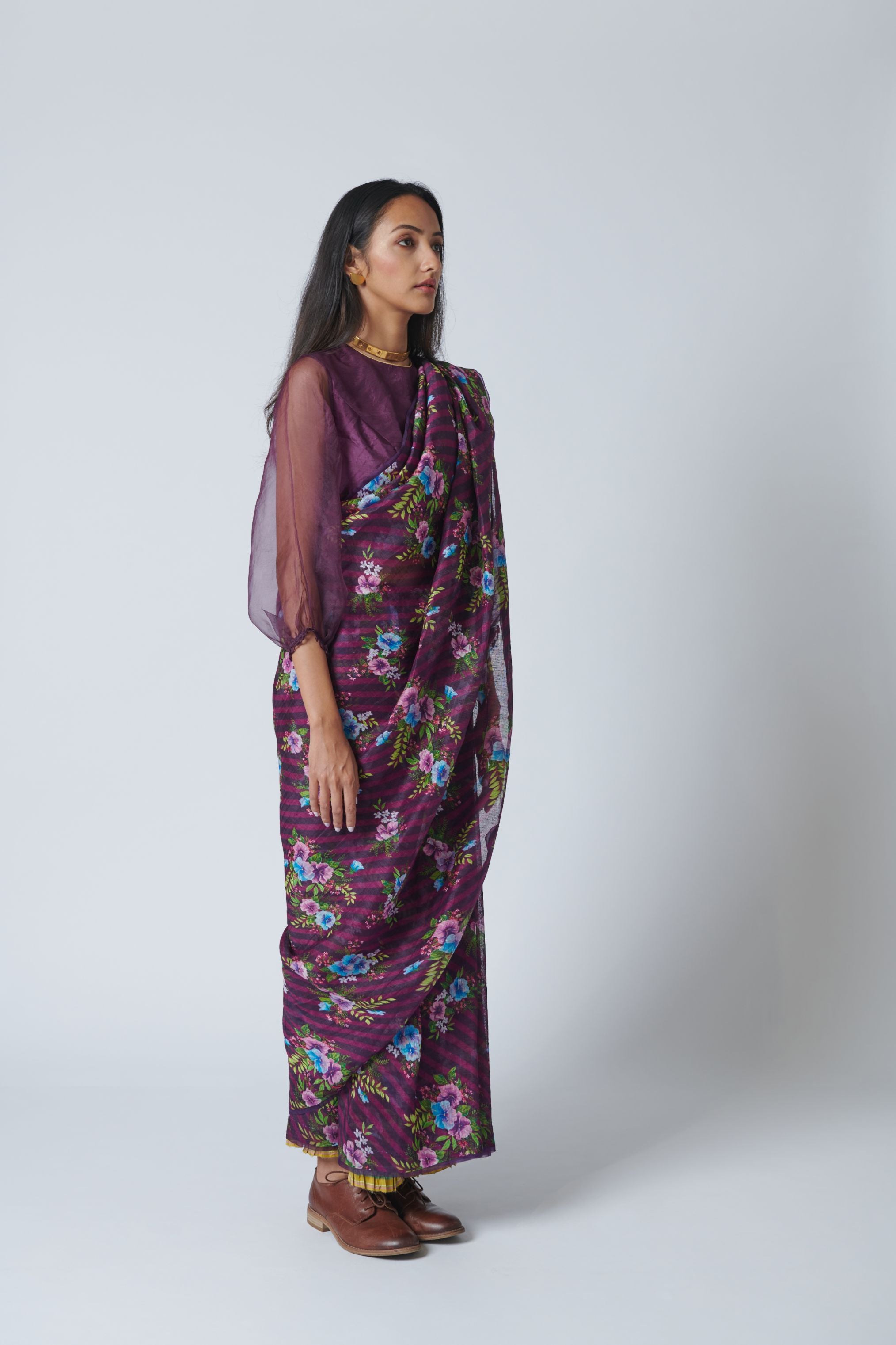 Wine Pansy Silk Linen Sari