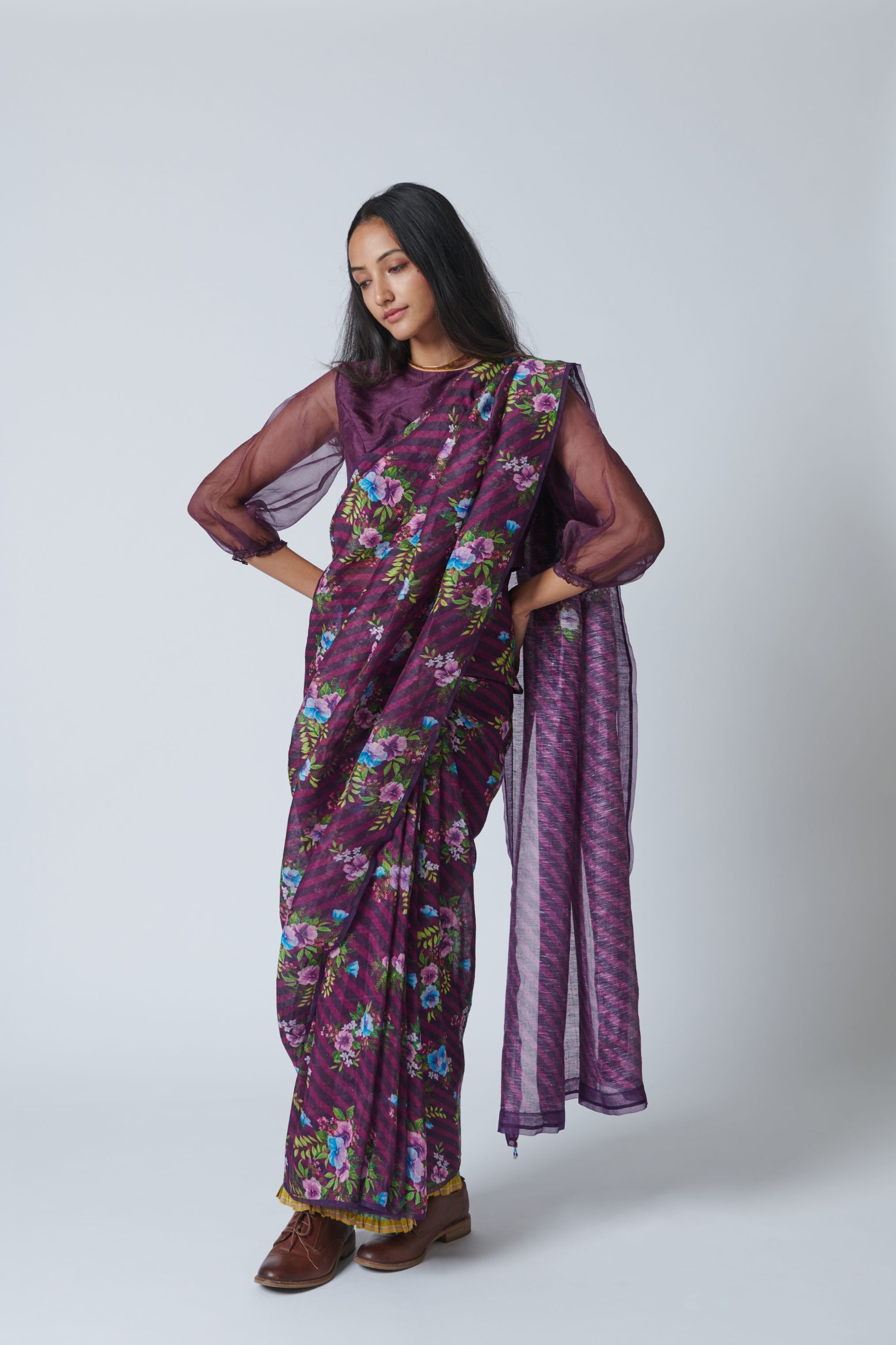 Wine Pansy Silk Linen Sari