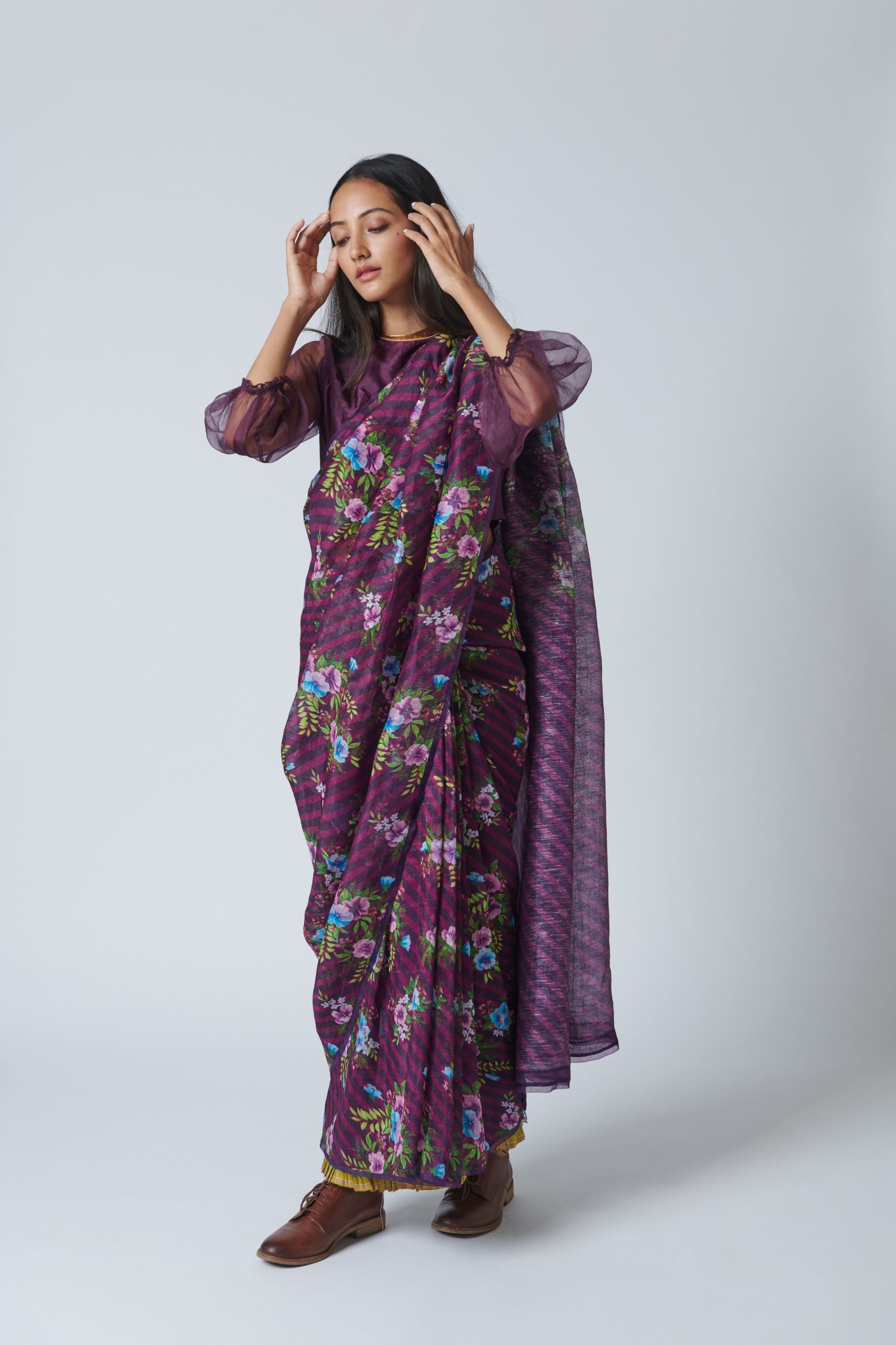 Wine Pansy Silk Linen Sari