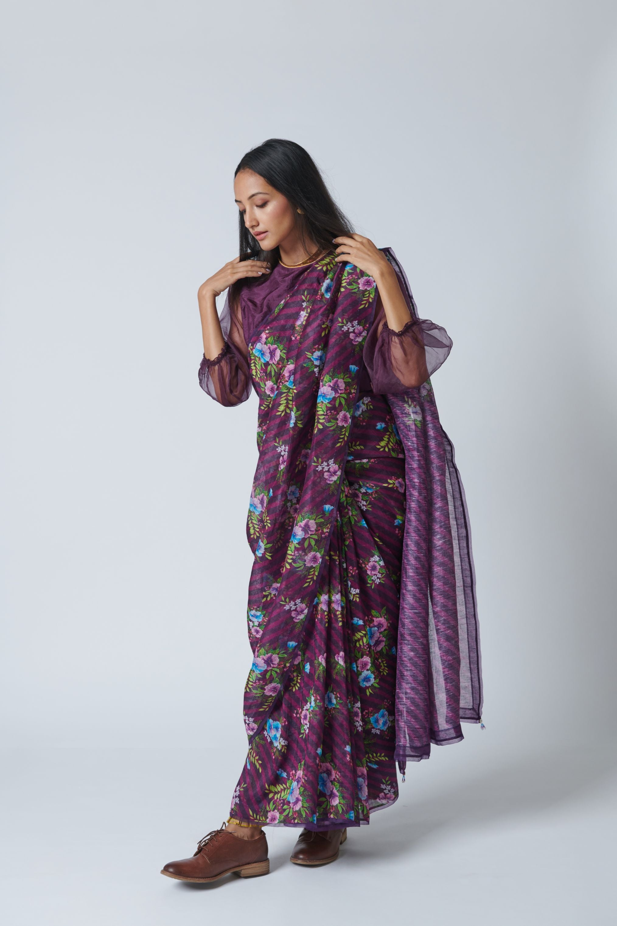 Wine Pansy Silk Linen Sari