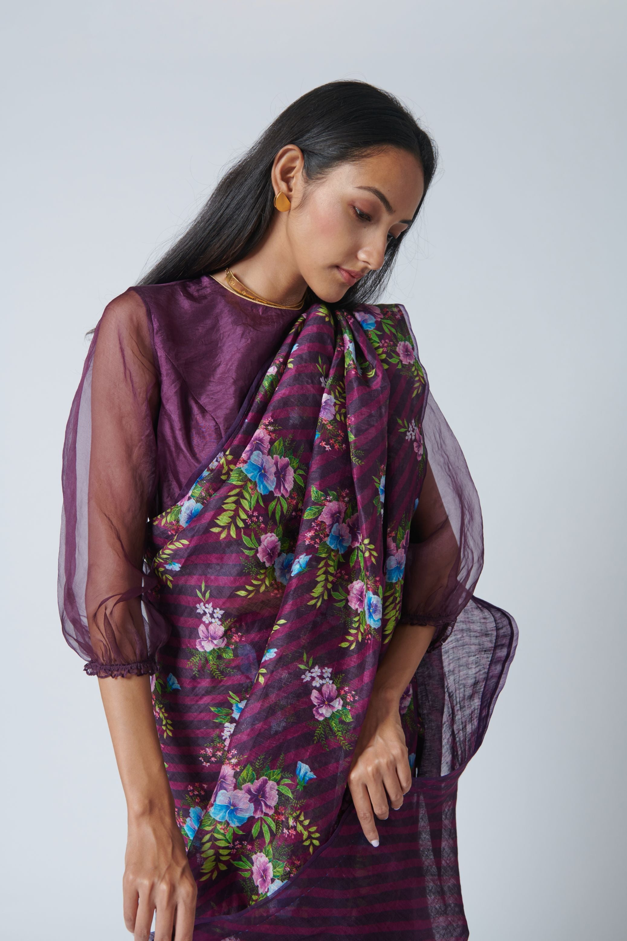Wine Pansy Silk Linen Sari