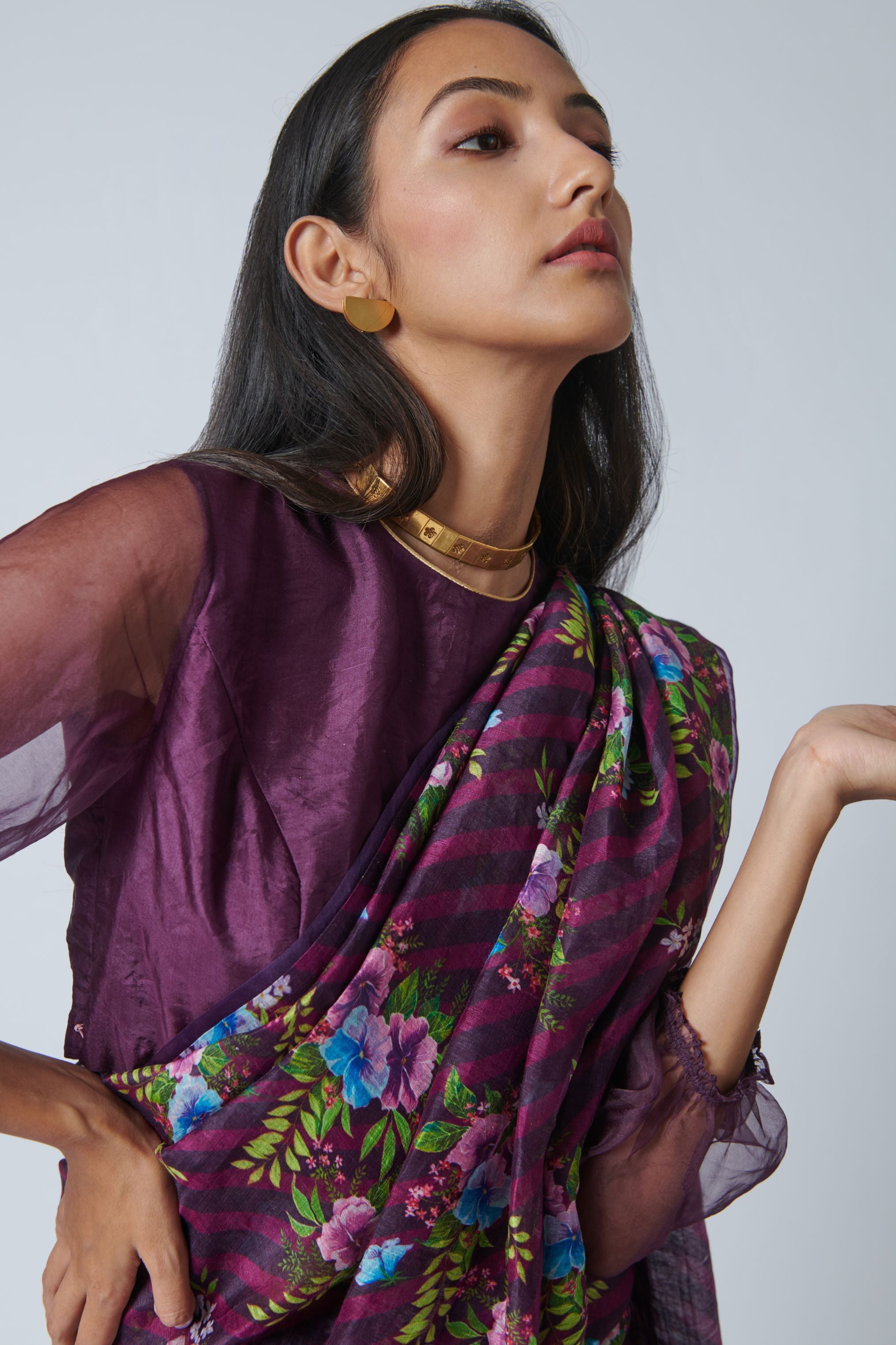 Wine Pansy Silk Linen Sari