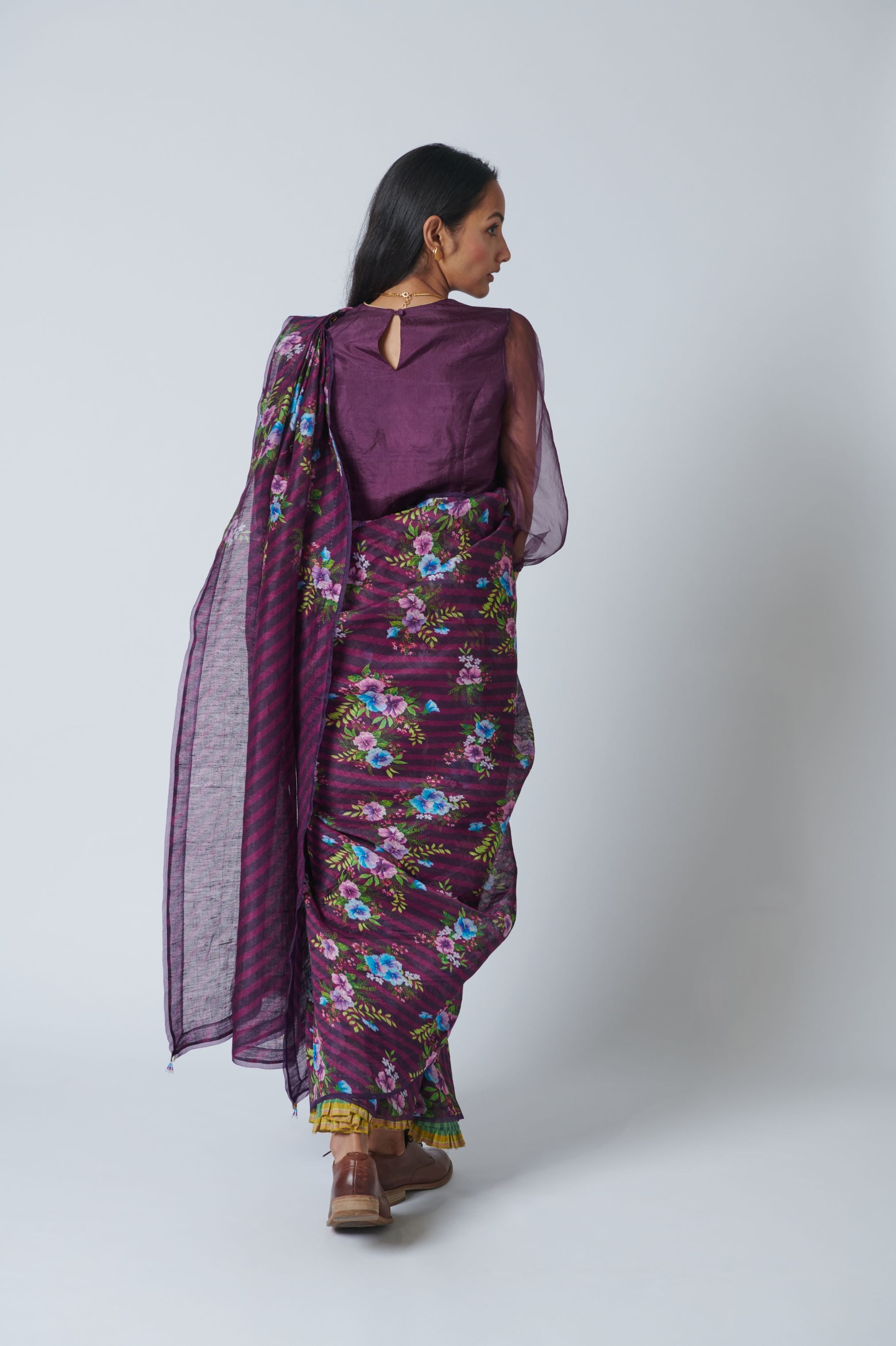 Wine Pansy Silk Linen Sari