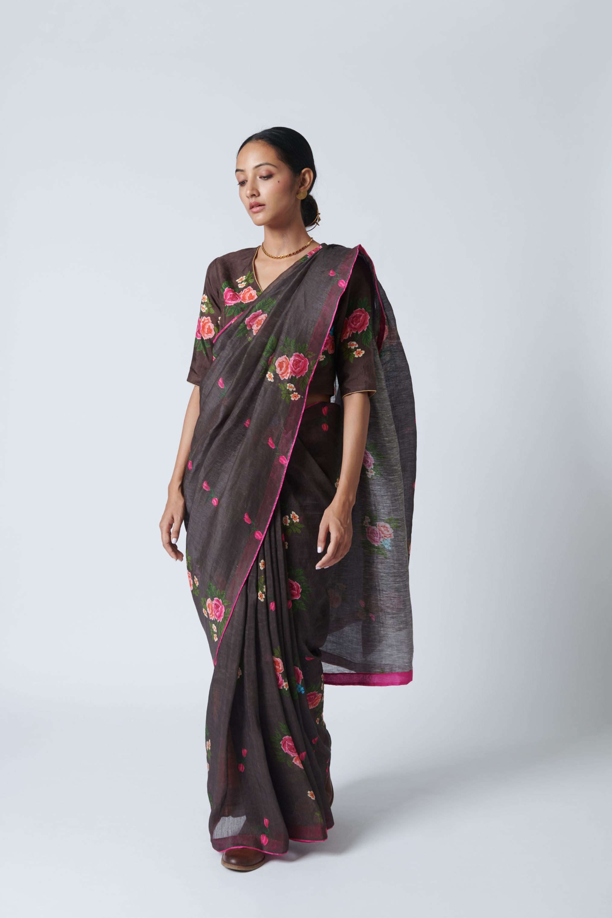 Rose Chintz Silk Linen Sari